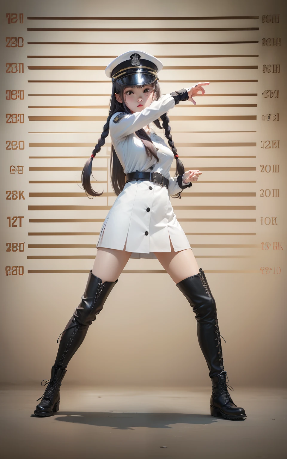 ((top-quality、8K、masterpiece:1.3))、1人、(The long-haired、The right side is partially bundled.)、Cardigan:1.1、hyperdetailed face、beautidful eyes、二重まぶた、realisitic、realisticlying、a miniskirt、A tall、frosty appearance、slender but slightly fleshy legs,,、slightly bulging chest、Military Cap、Braided boots that go above the knee、Black leather belt、Clean face、Japanese face、Late tee