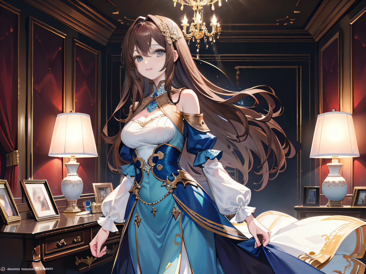 Master, masterpiece, 8K wallpaper, CG, super high picture quality, light and shadow effects
((an elegant woman with long brown hair and a long blue dress)) Looks awkwardly at the camera: 1.5
Upper body display
Face close-up: Frightened, embarrassed, mouth slightly open :1.6
Deluxe Villa bedroom configuration, queen bed, lamp, desk