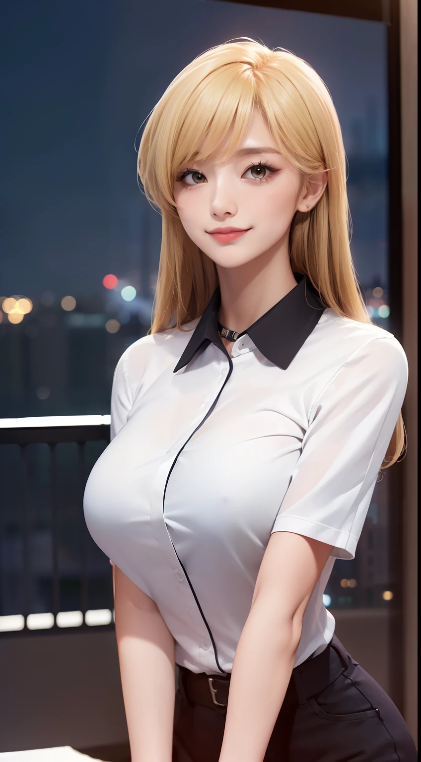 (Night:1.7), Japan, Tokyo, CityView, Before Window,
Standing at attention,(Close-Up),
white shirt ,black collared shirt,short sleeves,short shorts,black choker,
blonde hair,Brown eyes,bangs,very long hair,
1 girl, 20yo,Young female,Beautiful Finger,Beautiful long legs,Beautiful body,Beautiful Nose,Beautiful character design, perfect eyes, perfect face,
looking at viewer, Evil Smile,
NSFW,official art,extremely detailed CG unity 8k wallpaper, perfect lighting,Colorful, Bright_Front_face_Lighting,
(masterpiece:1.0),(best_quality:1.0), ultra high res,4K,ultra-detailed,
photography, 8K, HDR, highres, absurdres:1.2, Kodak portra 400, film grain, blurry background, bokeh:1.2, lens flare, (vibrant_color:1.2)
(Beautiful,Large_Breasts:1.2), (beautiful_face:1.5),(narrow_waist),