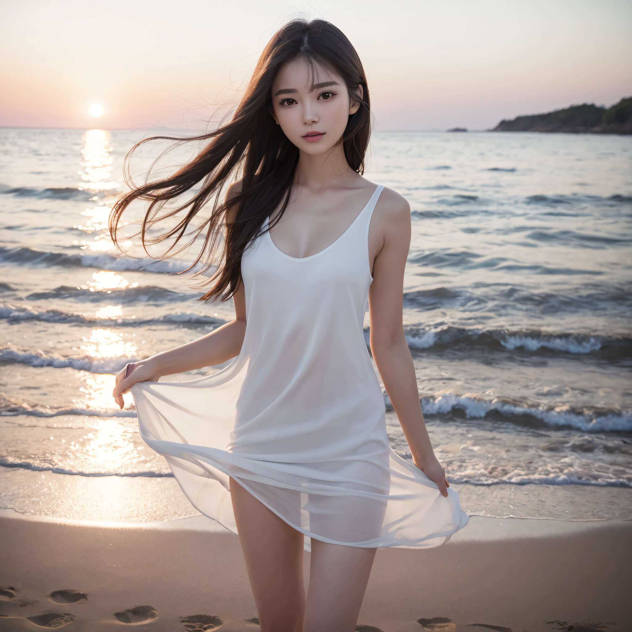 One lady、((best qualtiy、8k masterpieces:1.3))、foco nítido:1.2、(ultra beautiful faces:1.0)、(shinny skin:1.0)、photos realistic、A dark-haired、Video Lighting、High-definition eyes and face、Video Lighting、(Korean Cute Actress)、from the front side、medium breasts、ssmile、Sleeveless、Slender Abs Beauty、Whole body、Wearing a white blouse、On the beach at night