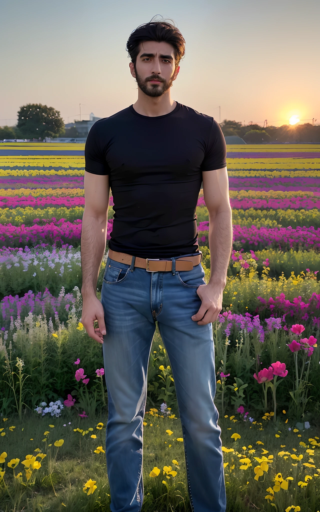 (RAW photo, best quality, highest quality, masterpiece:1.2), (realistic, photo-realistic:1.37), ultra high res, (1 man 30 year's old, Tirkish handsome:2.0), (summer night sunset:1.3), (black round neck plain Tee-shirt, blue jeans:1.3), (standing in flower field:1.4), model style open legs, (focus face:1.3), (high contrast:1.1), (detailed background:1.3), dynamic pose, intricate detail, delicate pattern, (vibrant, colorful:1.3), (high sharpness), middle eastern guy, fashion posing, short black hairstyle, plain regular fit lose Tee-shirt no printing on Teeshirt, light bearded, Turkish boy.