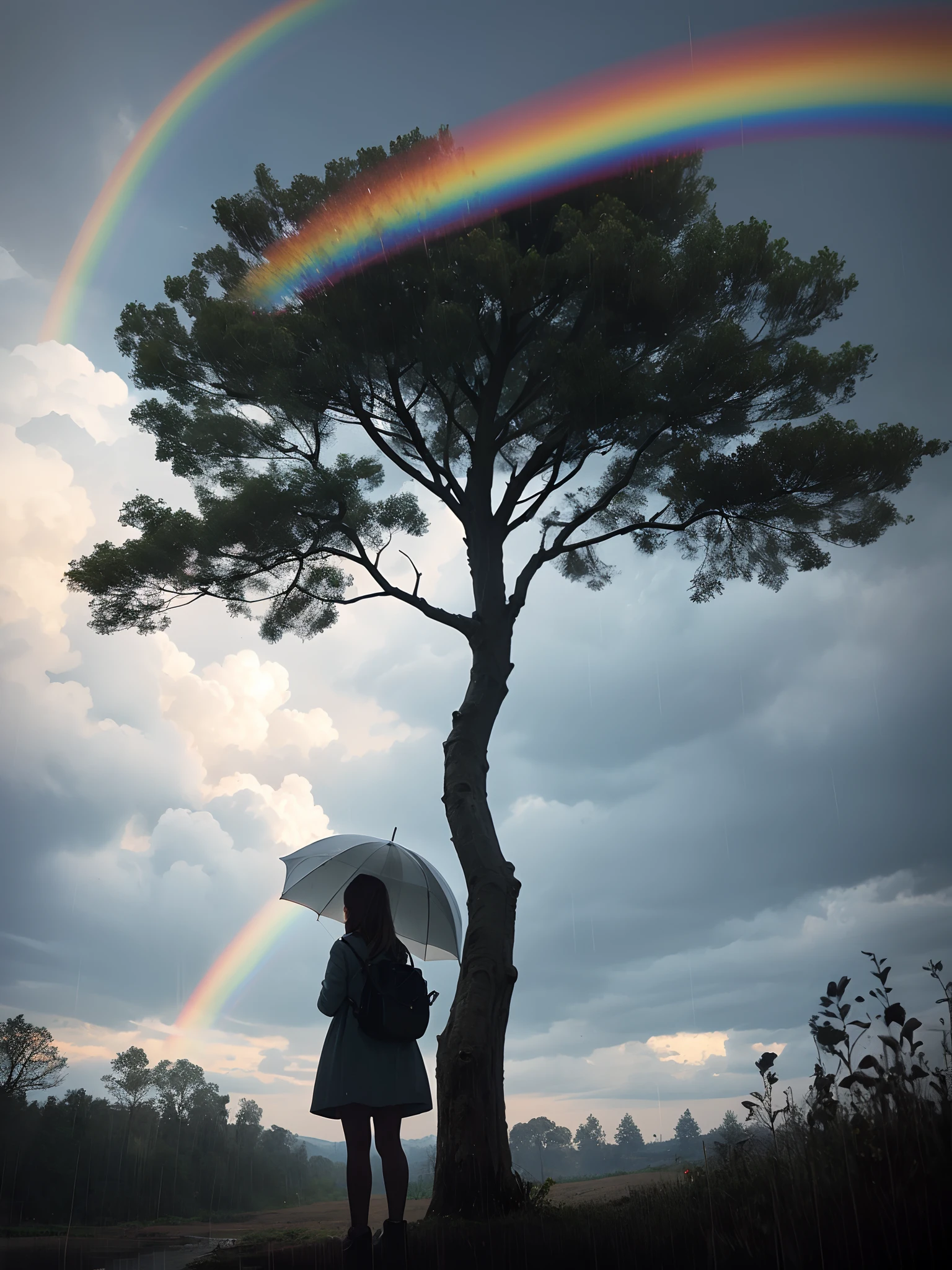 On a rainy day, the wind blows the girl under the tree,There are rainbows in the distance