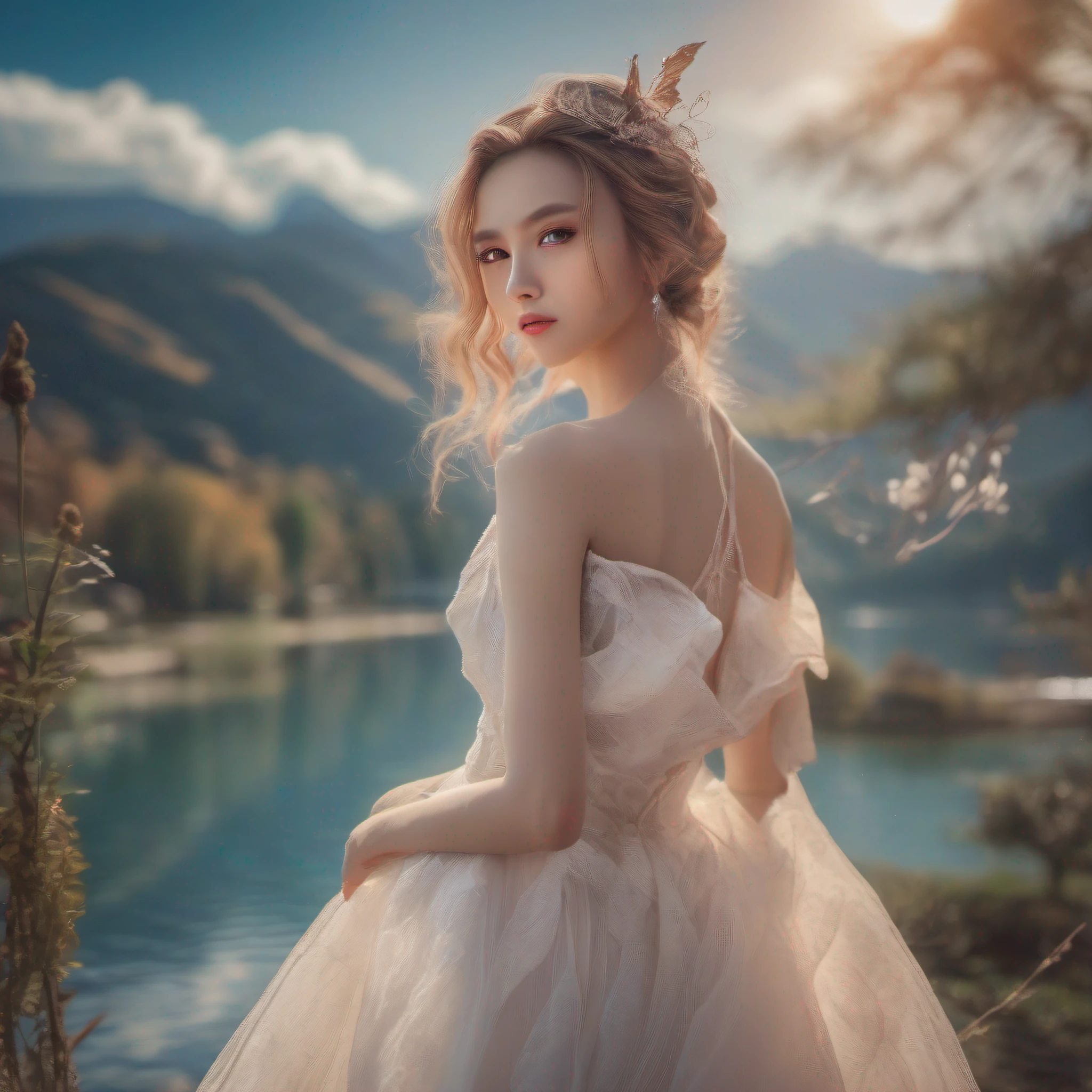 ((portrait photography)), ((Best quality, 8k, Masterpiece :1.3)), 1girl, Pretty woman with slender body, (random hairstyles), fairy costume, slender, thin legs, Ultra-detailed face, ((Full body shot)), Lakeside, mountains in the background, dynamic angle, cinematic angle, Detailed eyes, (natural hand), (Natural eyes and mouth)
