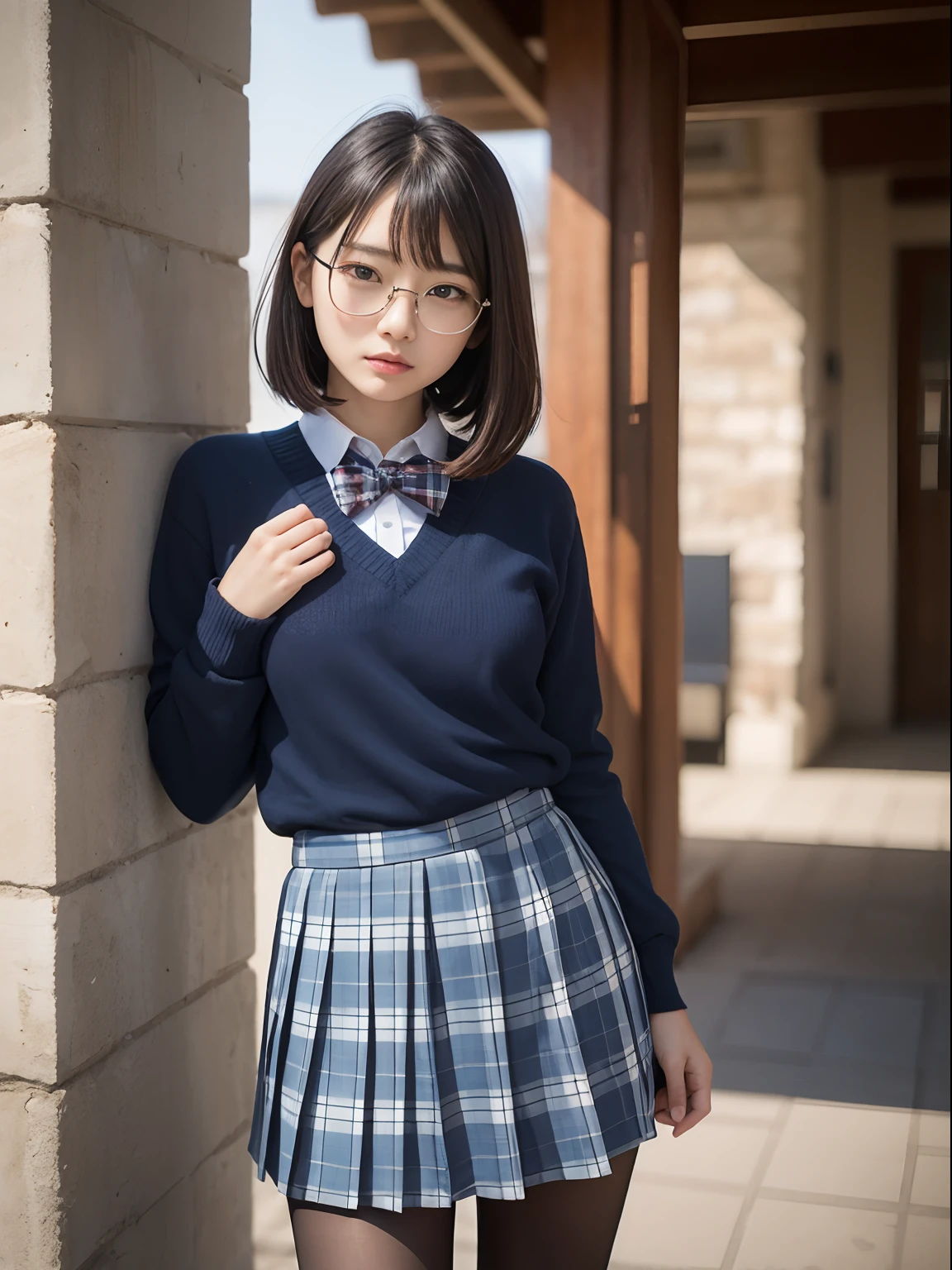 (8K、Raw photography、top-quality、masterpiece:1.2),(bob cuts),cocky,School,watching at viewers,Looking at the front,Muchimuchi,Erotic,Pupils,(Light blue bra seen through the shirt),de pele branca,kne,(Black pantyhose),absurderes,a small face,small tits,flat breast,Parting the bangs from the middle、Forehead visible,(a cold expression,Tight eyes,glares,Bullish,skinny,Rasping,irate)、masterpiece,top-quality、超A high resolution,Raw photo,ren,Beautiful fece,One Person, 独奏,eye glass,,Dark look,Small breasts,fullllbody,Round glasses、cute little,JK school uniform,hi-school girl,A Japanese Lady,is standing,(Photorealsitic:1.37)、Photon mapping,Realistic、Beautie,Cute little face,Brown-eyed、Black socks、(Red bow tie)、Radio City、Physically Based Rendering、depth of fields、Blurry background、a picture,Body,teens girl,beauty legs, Long legs, Thin leg,(Bangs are visible), hair, s lips, Blue_The eye, nosesoft,(Light blue shirt), (Navy and blue and white plaid pleated skirt), Knees are visible,Sheer clothing,, Thigh, Black cotton socks,Nogizaka Idol, 女優, Japanese ido