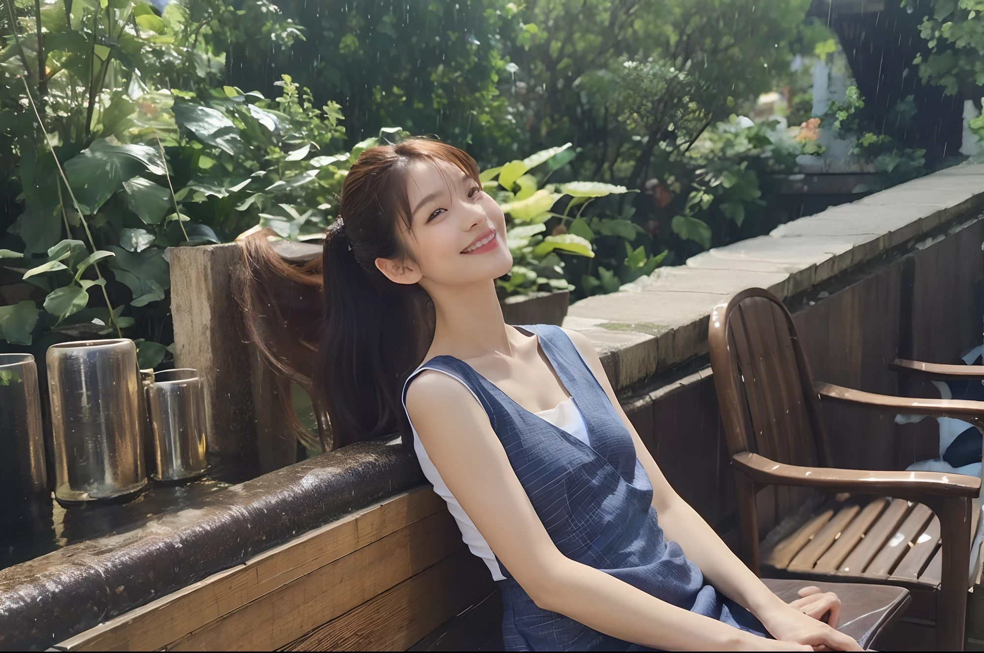 ((Best Quality, 8k, Masterpiece:1.3)), Focus: 1.2, Perfect Body Beauty: 1.4, Buttocks: 1.2, ((High Ponytail, Collarbone: 1.2)), (Short Skirt: 1.1) , (Rain, Street:1.3), Highly detailed face and skin texture, Fine eyes, Double eyelids, Whitened skin, Long hair, (Shut up: 1.3), Smile, Long legs, Full body, Best proportions of four fingers and one thumb, Smiley face, Face texture: 1.3, Sunshine, Summer, collarbone, beautiful eyes, real face, real skin, realistic face, realistic skin, detailed eyes, detailed facial features, detailed clothing features, detailed face, chest contour, tight fit, POS random, upper body silk wrap: 1.4