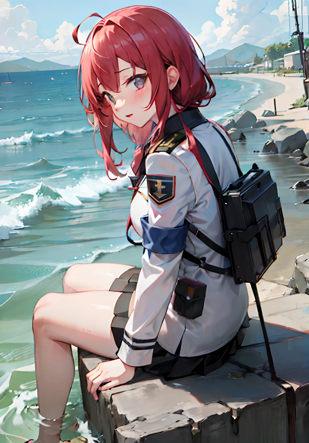 Anime girl in uniform sitting on a rock by the sea, Kantai collection style, kancolle, cute pilot girl, 4k manga wallpapers, Marin Kitagawa fanart, anime visual of a cute girl, konpeki no kantai, pilot girl, a-1 pictures, Smooth anime CG art, zerochan art, wallpaper anime blue water, offcial art