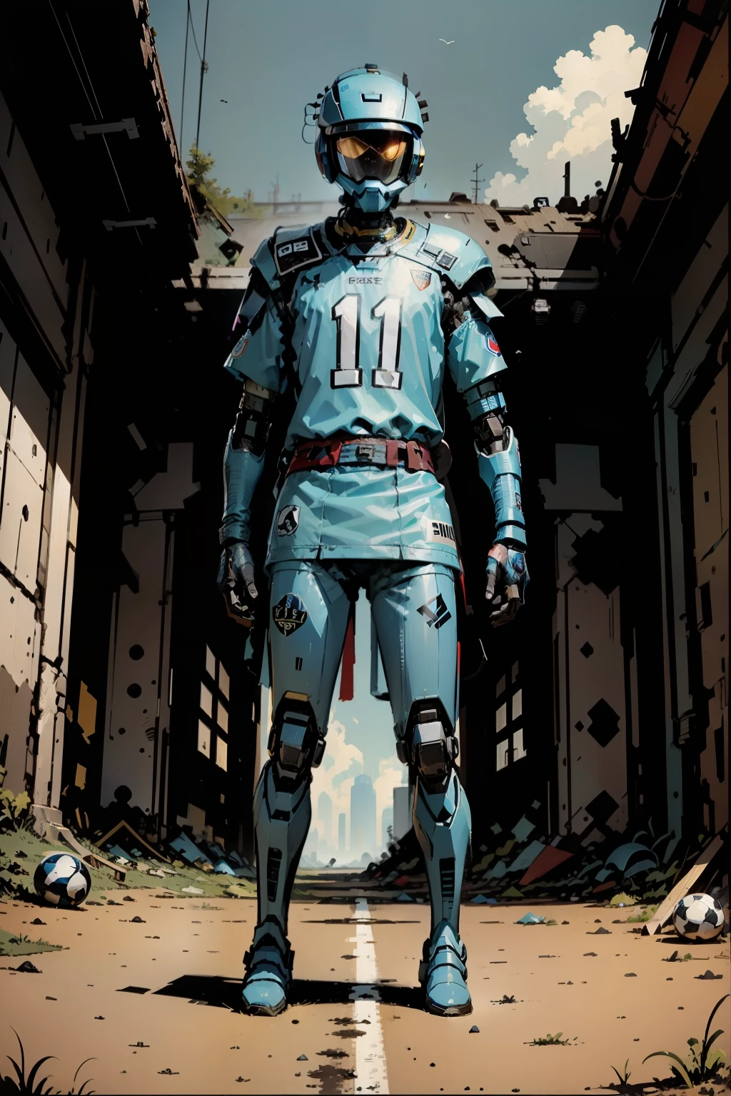 A robot in a blue jersey with the number 11