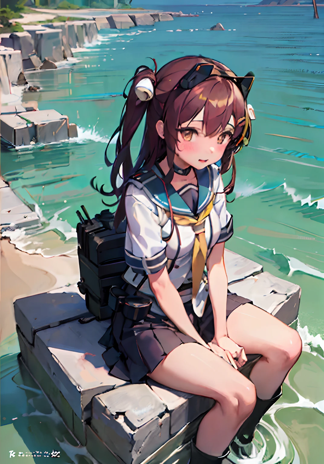 Anime girl in uniform sitting on a rock by the sea, Kantai collection style, kancolle, cute pilot girl, 4k manga wallpapers, Marin Kitagawa fanart, anime visual of a cute girl, konpeki no kantai, pilot girl, a-1 pictures, Smooth anime CG art, zerochan art, wallpaper anime blue water, offcial art