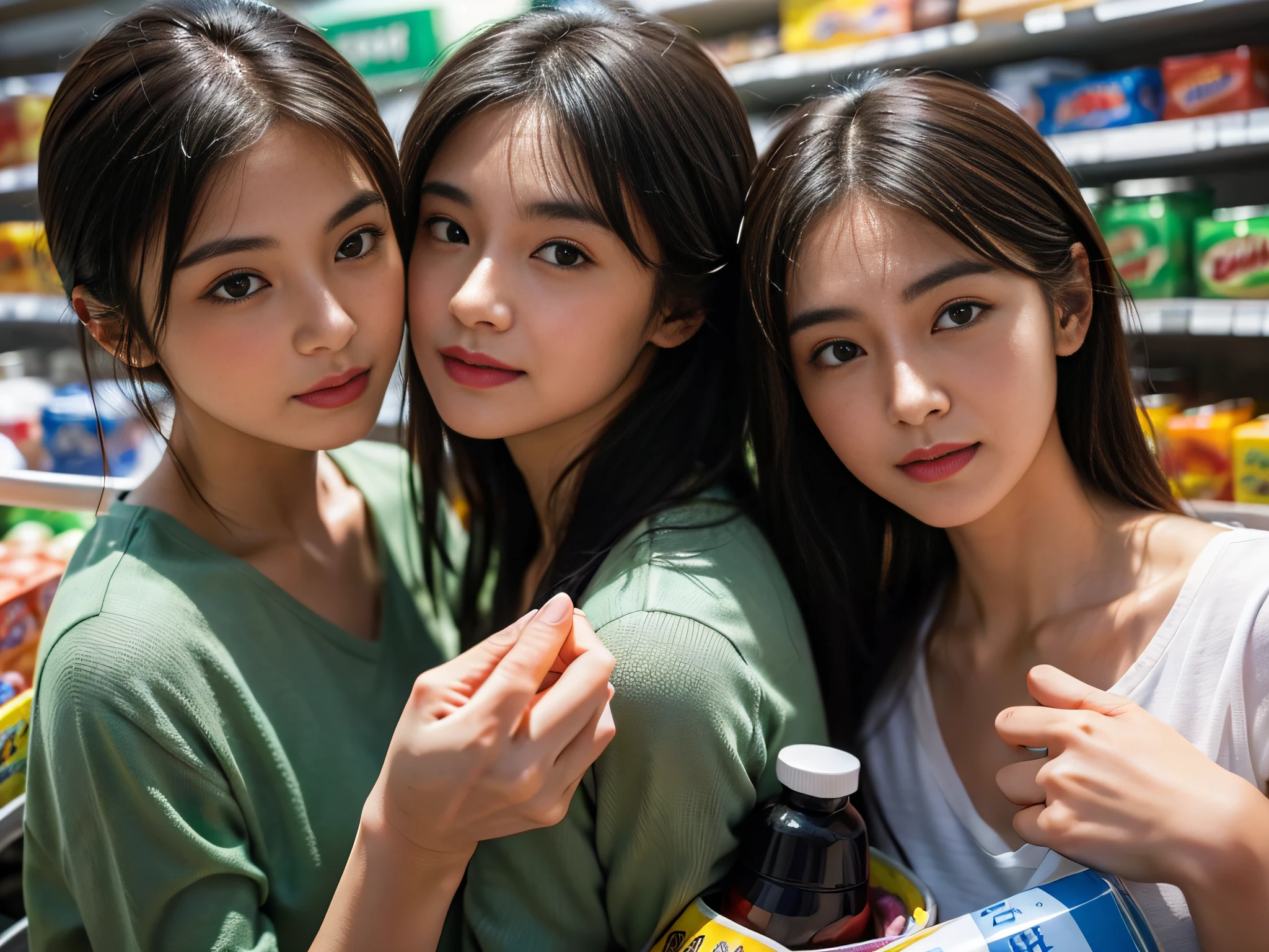 Two women in casual clothes,Pick up dish soap in the supermarket。Rich in detail,Close-up of face focus。