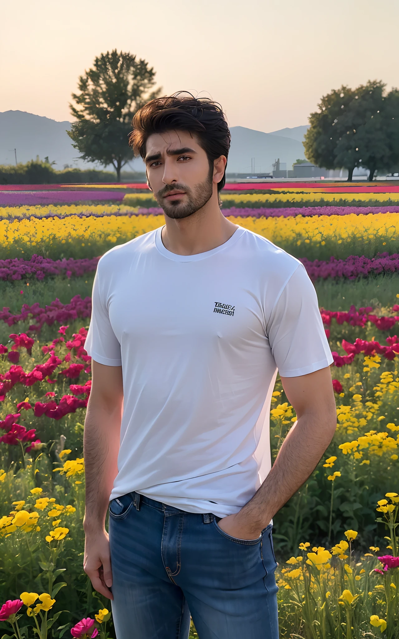 (RAW photo, best quality, highest quality, masterpiece:1.2), (realistic, photo-realistic:1.37), ultra high res, (1 man 30 year's old, Tirkish handsome:2.0), (summer night sunset:1.3), (black round neck plain Tee-shirt, blue jeans:1.3), (standing in flower field:1.4), model style open legs, (focus face:1.3), (high contrast:1.1), (detailed background:1.3), dynamic pose, intricate detail, delicate pattern, (vibrant, colorful:1.3), (high sharpness), middle eastern guy, fashion posing, short black hairstyle, plain regular fit lose Tee-shirt no printing on Teeshirt, light bearded, Turkish boy.