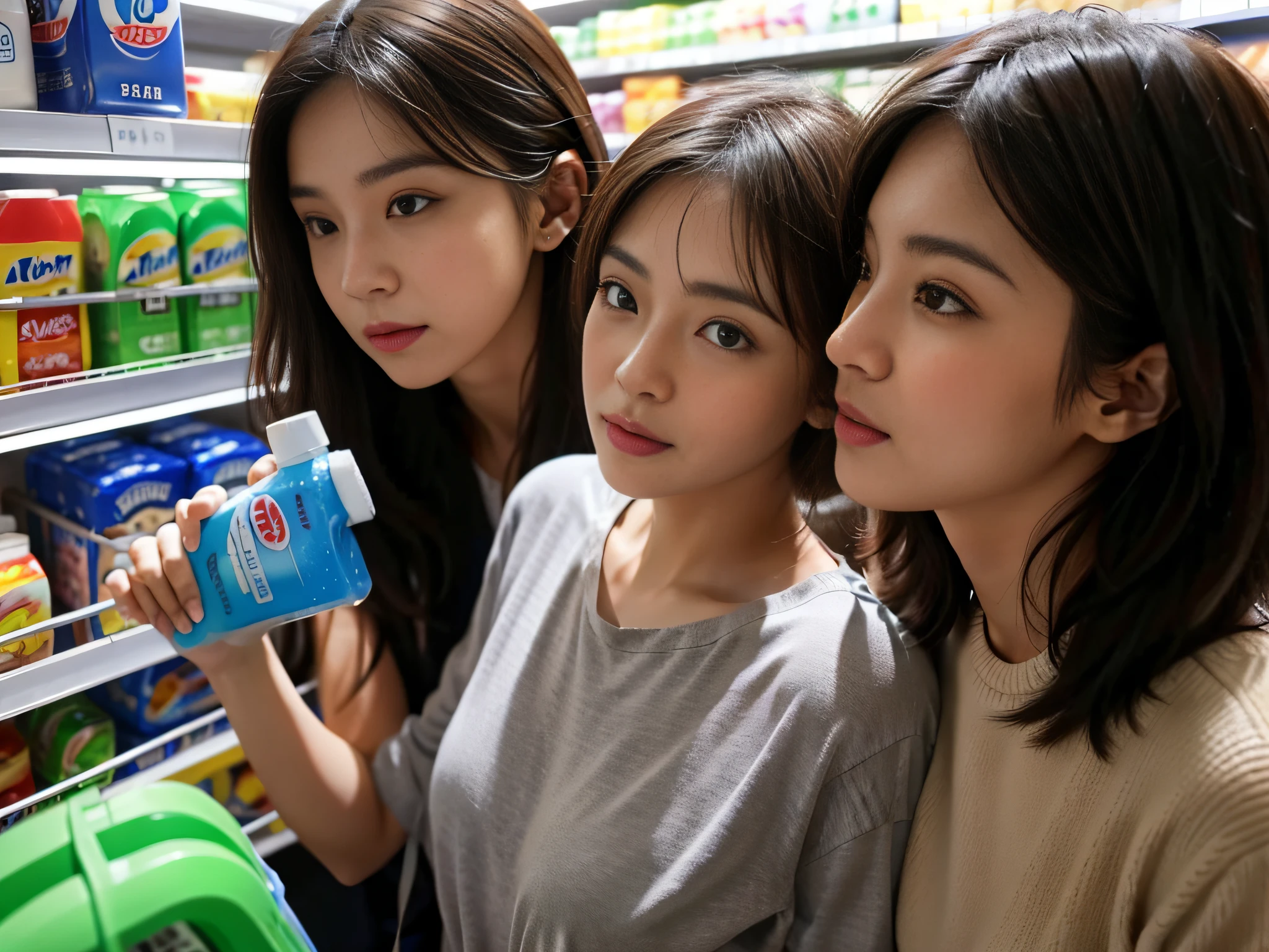 Two women in casual clothes,Pick up dish soap in the supermarket。Rich in detail,Close-up of face focus。