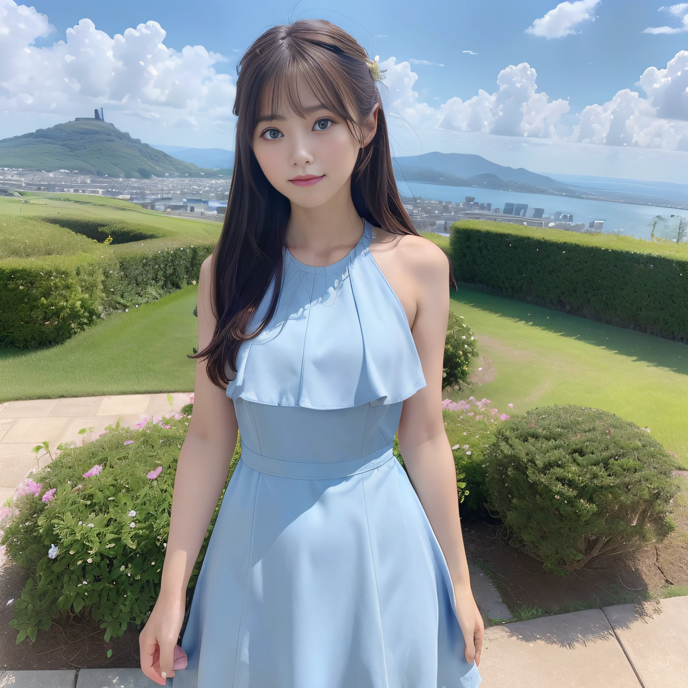 8K、(realisitic、Photorealsitic:1.37)、(masterpiece:1.2)、(top-quality:1.4)、(超A high resolution:1.2)、(RAW Photography:1.2)、(foco nítido:1.3)、(facefocus:1.2)、(full bodyesbian:1.5)、(full body Esbian:1.2)、(30-years old:1.6)、1girl, (solo:1.5), long hair, upper body, (one-piece dress:1.3)、 outdoor、Shy smile, blue sky、 landscapes, Hillwith a good view:1.3、beautiful finely detailed eyes、dual、Look at viewers, (cute little),nogizaka、middlebreast、thighs thighs thighs thighs、backshots:1.3,femele、up skart