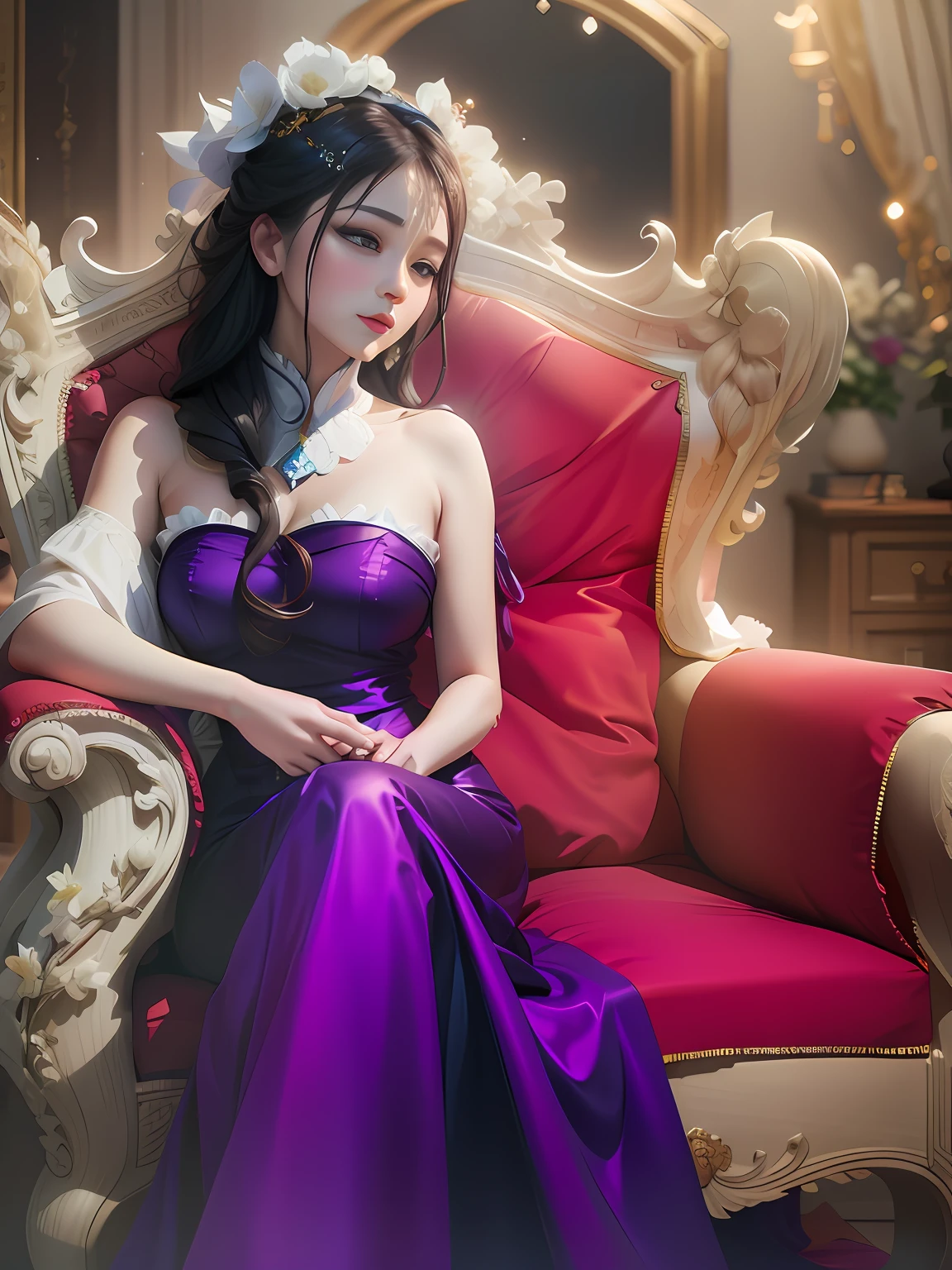 There was a woman in a purple dress sitting on a red chair, a beautiful fantasy empress, royal elegant pose, palace，Noble and cold face, ((a beautiful fantasy empress)),roleplaying