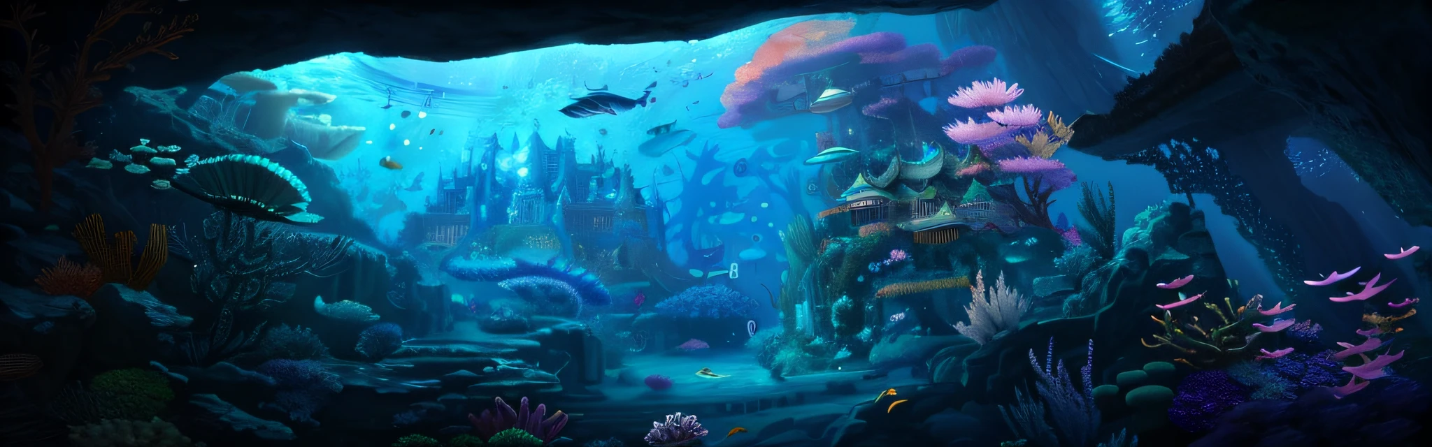 There is a painting， an underwater city, an underwater city, amazing depth, Underwater market, masterpieceunderwater scene, background artwork, undersea environment, underwater environment, Undersea temple, Amazing wallpapers, underwater scenery, incredible depth, ocean floor, atlantis background, lost city of atlantis, detailed fantasy digital art，There is a cave painting，There are waterfalls and fish, Undersea temple, underwater temple, masterpieceunderwater scene, underwater environment, undersea environment, underwater shrine, underwater crystal caverns, Underwater Chinese temple with fish, a portal to the depths, ocean floor, background artwork, underwater scenery, deep sea landscape, an underwater alien ocean, amazing depth，whales，The corals，sea weed，sea shell