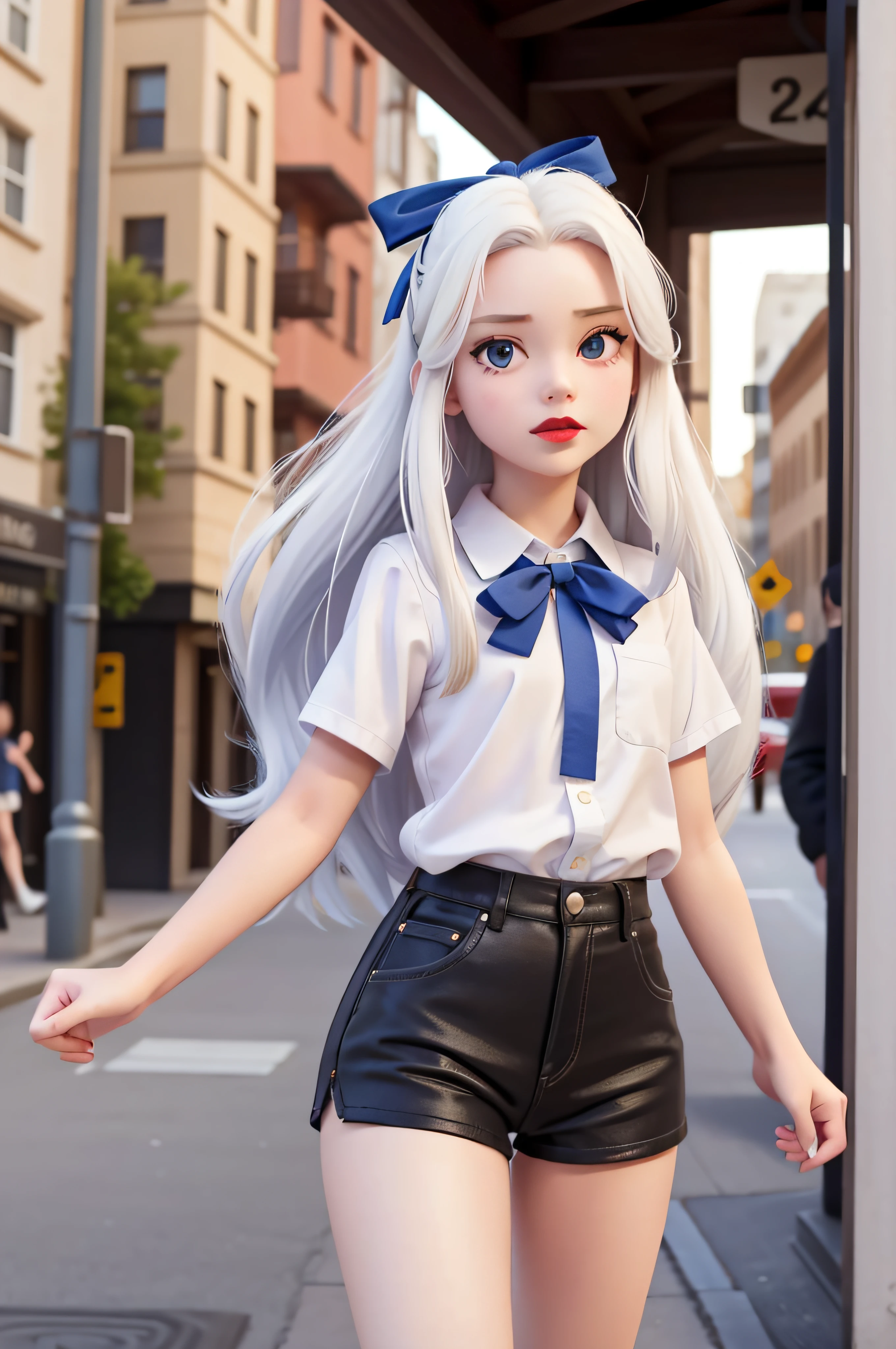 1 girl, 14 years old, long white hair, short shirt, short black shorts, blue ribbon in hair, red lipstick, city