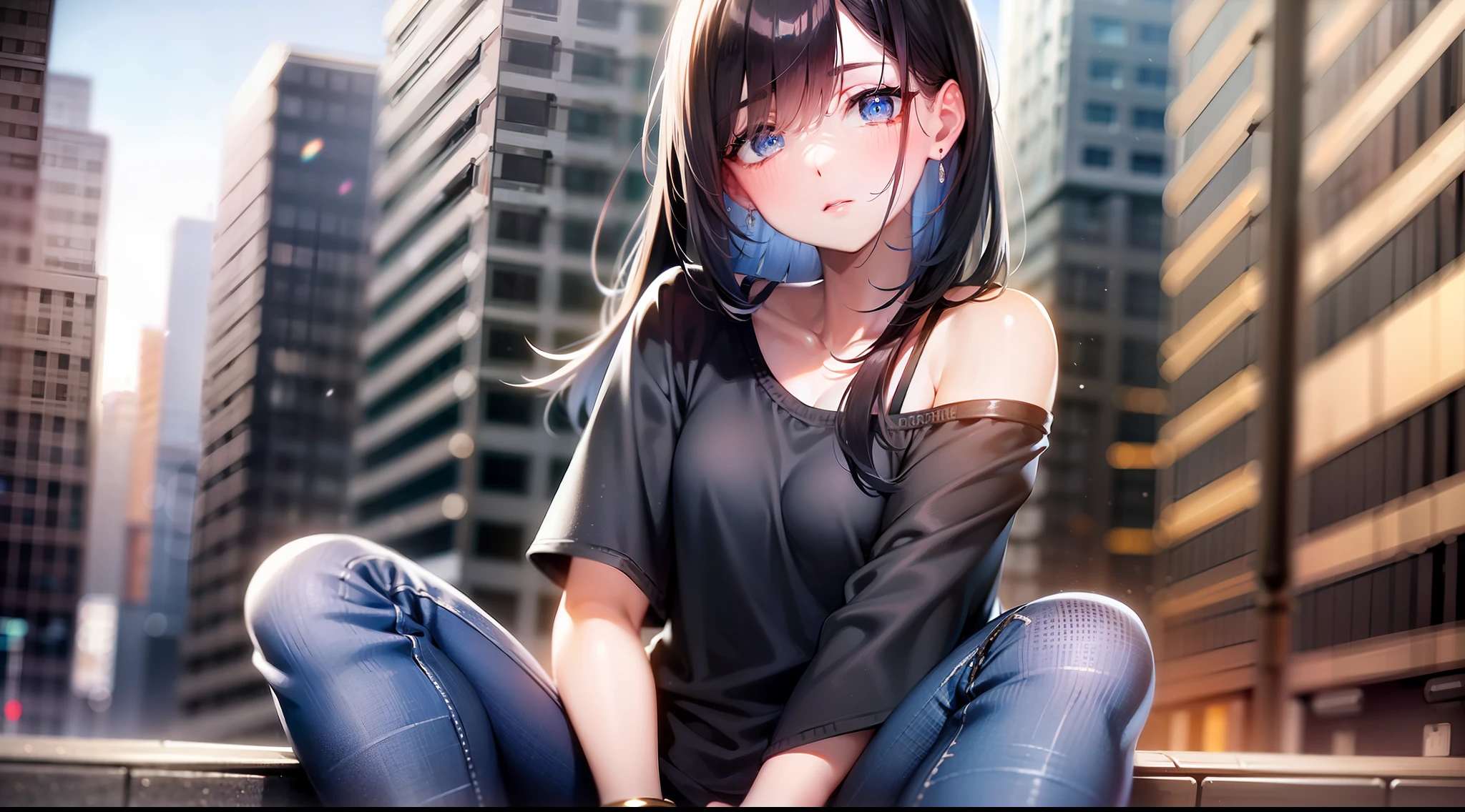 1 woman, city, black hair, shoulder length hair, blue eyes, small eyes, black tshirt, long jeans, wearing ring