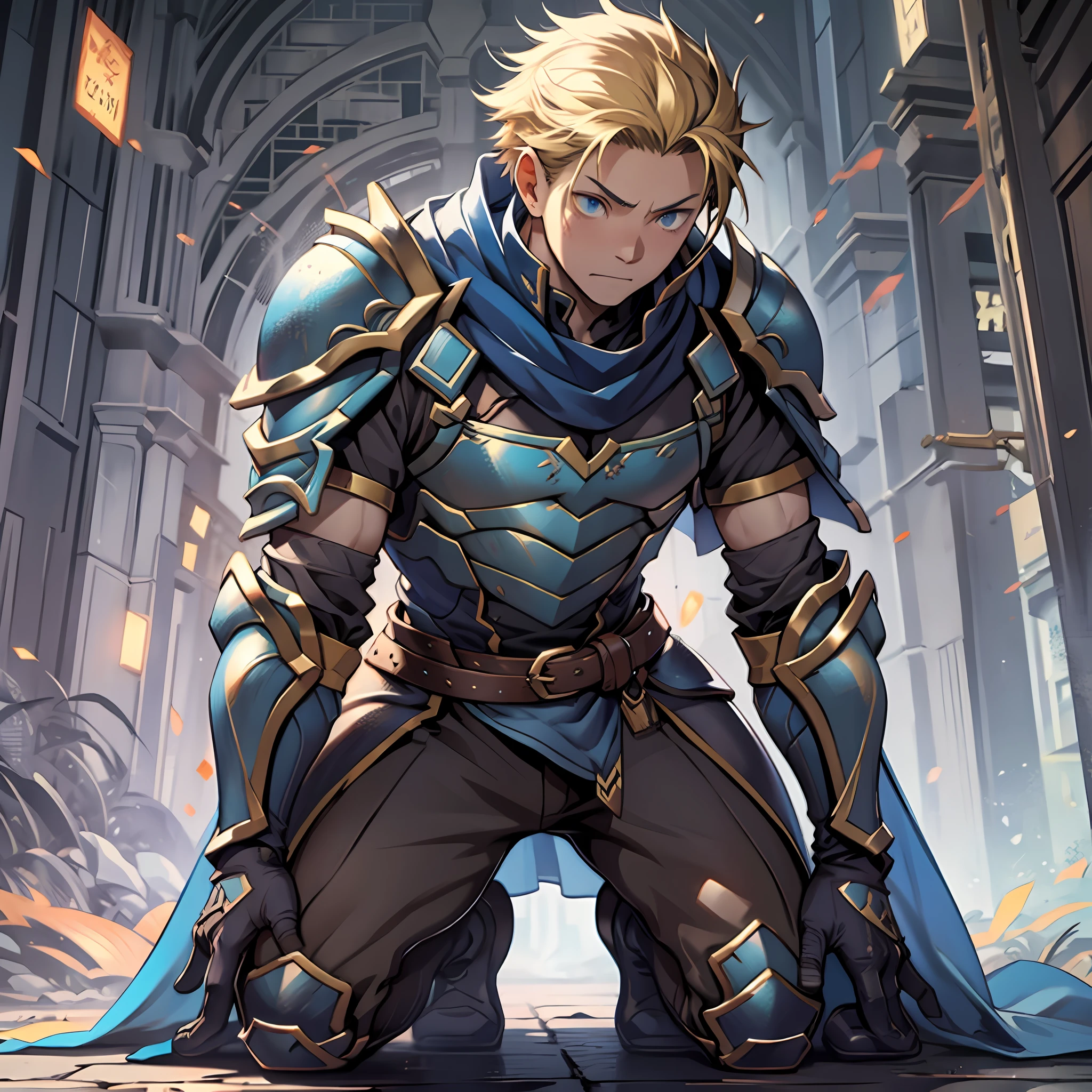 (1 Adult male),A high resolution, Sharp focus, Pixiv masterpiece, ((Complicated details)), highly detailed, natsuki_subaru, 1 man,Defeat, crestfallen,full bodyesbian,kneels on the ground, (A gesture of pleading),blue color eyes(eyes glowing), Short yellow hair,cloaks,Armour,Shoulder armor,perspire,look from down