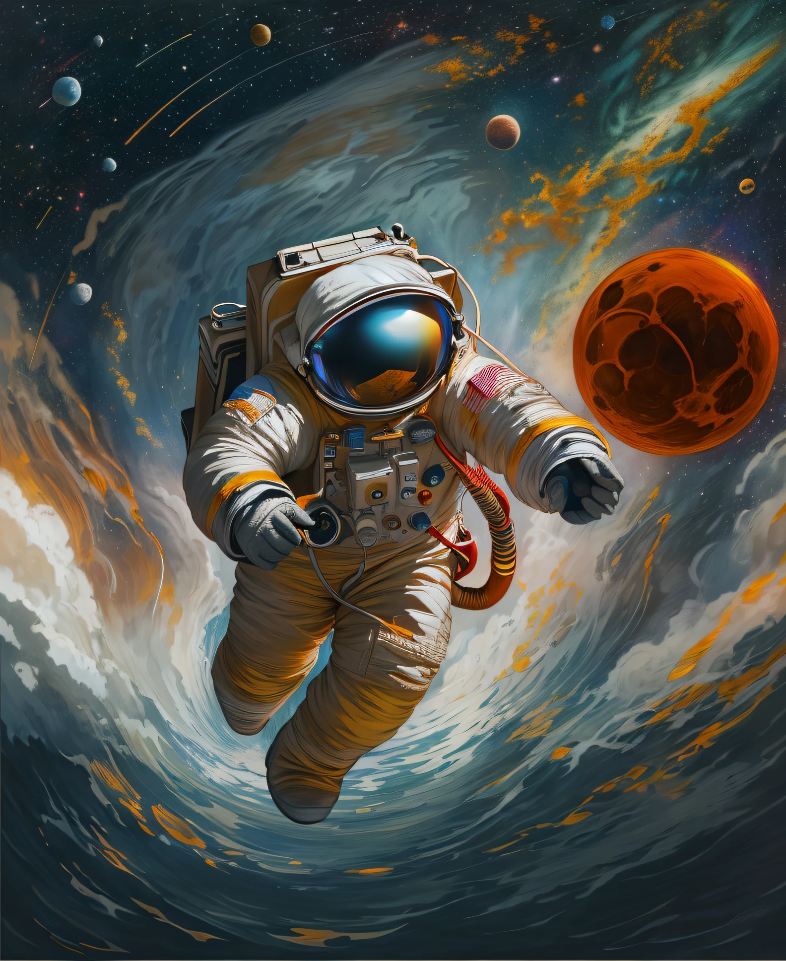 An astronaut flies through the air with a red object in his hand, space, Astronaut, astronaut in space, In space, Flying in space, Space art, spacewalk, An astronaut, cosmonaut, astronaut in space, Space travelling, Floating in space, space graphics art in background, high contrast illustrations, 🚀🚀🚀, an astronaut floating in space