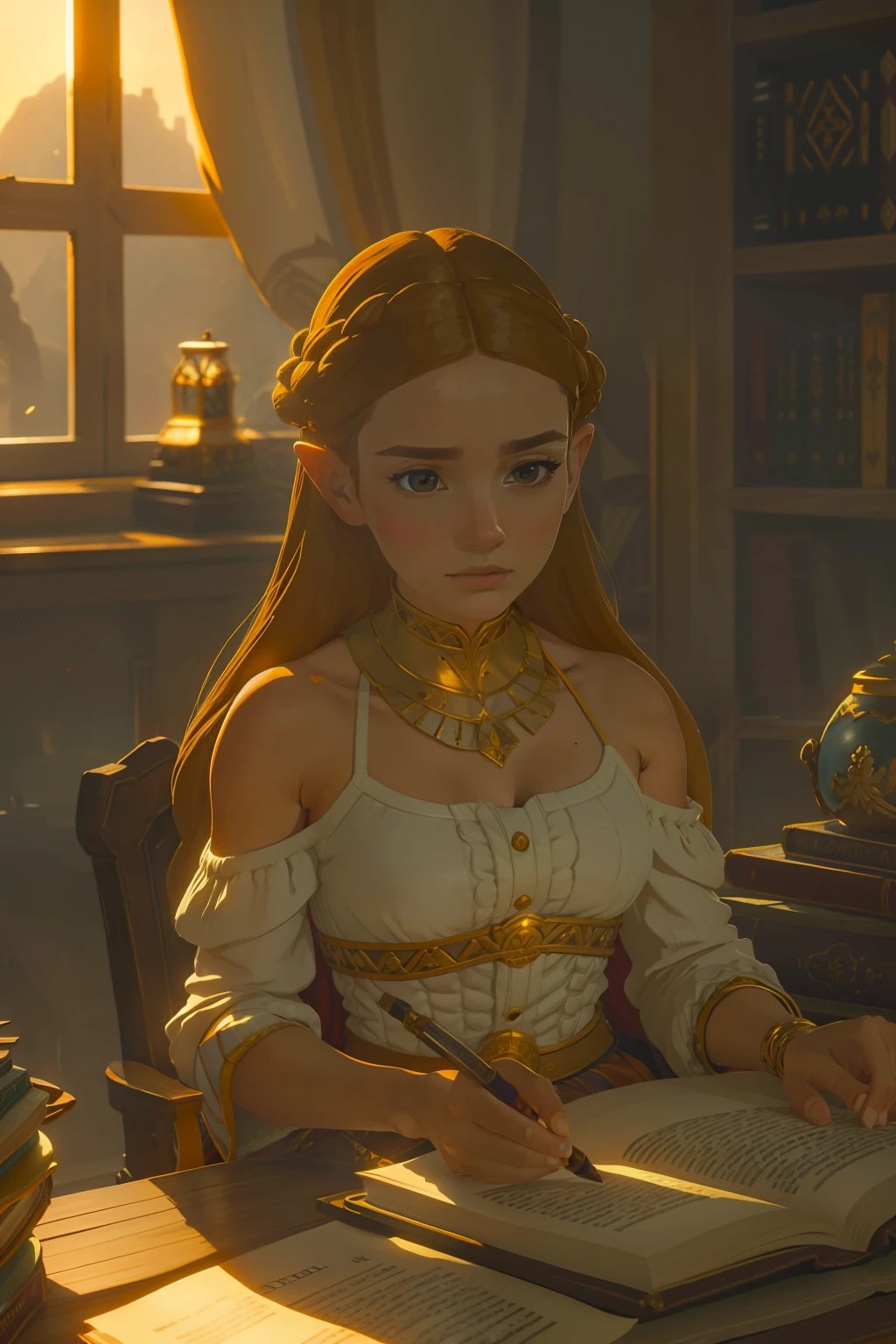 Una estudiante universitaria de belleza natural, depicted in oil painting. With a warm palette of golden and brown tones, Lleva un collar con un colgante de libro y un brazalete literario. Her brown hair falls in soft waves over her shoulders as she sits by a window in a classic library... Her pensive gaze and knitted sweater are illuminated by the soft light that highlights the shelves filled with old books... Una obra maestra extremadamente detallada al estilo de John Singer Sargent y Rembrandt.
