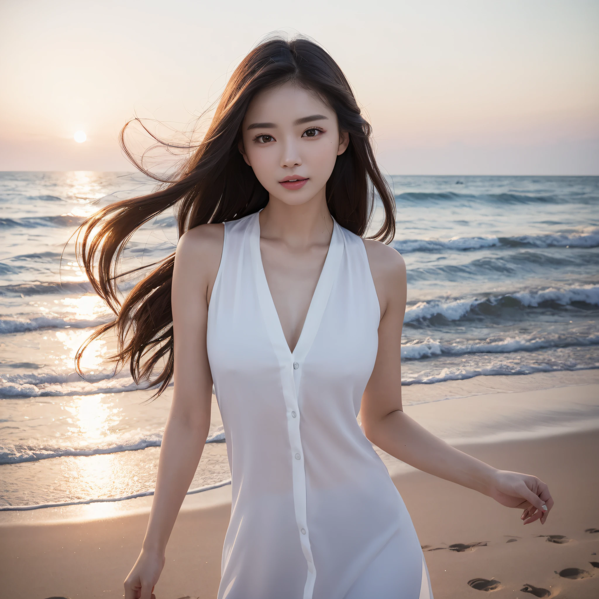 One lady、((best qualtiy、8k masterpieces:1.3))、foco nítido:1.2、(ultra beautiful faces:1.0)、(shinny skin:1.0)、photos realistic、A dark-haired、Video Lighting、High-definition eyes and face、Video Lighting、(Korean Cute Actress)、from the front side、medium breasts、ssmile、Sleeveless、Slender Abs Beauty、Whole body、Wearing a white blouse、On the beach at night
