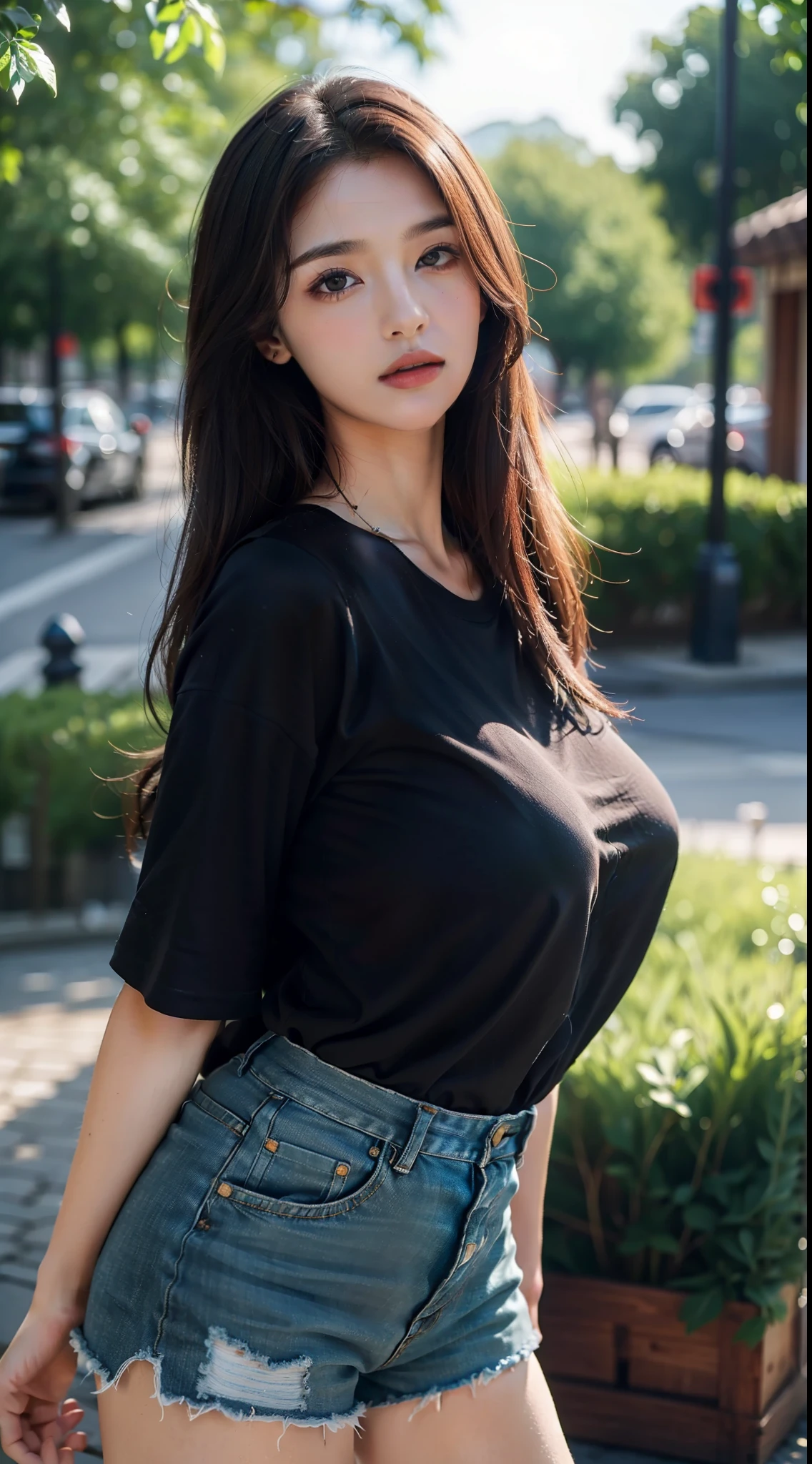 ((top quality, 8k, masterpiece: 1.3)), sensual woman, 1 girl, (slender figure: 1.2), dark brown hair, (outdoor, shirt, shorts: 1.1), ultra detailed face, detailed lips, detailed eyes, double eyelids, (huge breasts: 1.2)