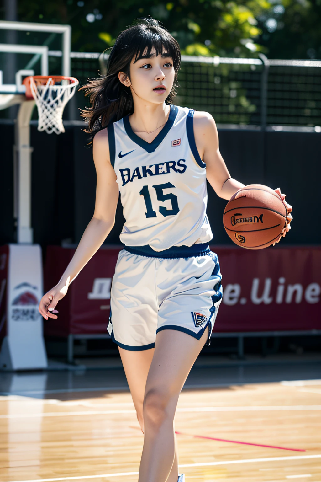 (8k, Best Quality, Masterpiece: 1.2), (Realistic, Realistic: 1.37), Ultra Detailed, Best Quality, Ultra High Resolution, Professional Lighting, Photon Mapping, Radiosity, Physically Based Rendering, Cinematic Lighting, Basketball Court, Depth of Field, Sharpness focus, sunlight, good composition, (bokeh: 1.2) 1girl, solo, (full body), (closed mouth), beautiful and detailed eyes, pose, narrow waist, basketball uniform, black hair, messy hair, long hair blowing in the wind, (ulzzang-6500:1.2) mix4, hiqcgbody