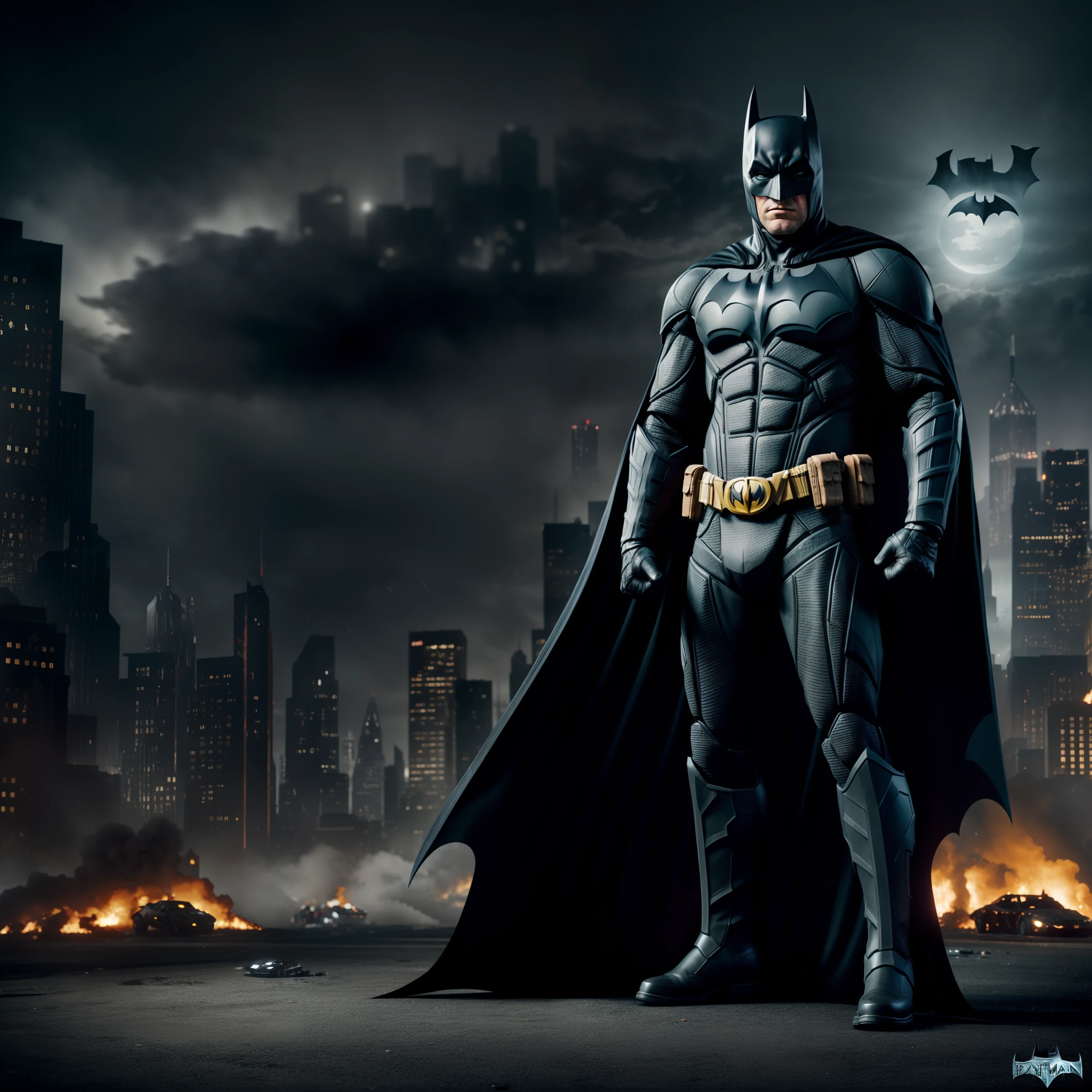 Create an image with a fisheye lens effect, Batman action figure with cape and gloves on a background filled with buildings and fog, The Batman, Batman, Batman with guns, Mecha Batman, cyberpunk Batman, From the movie Batman, inspired by Jim Lee, painted action figure, Portrait of Batman, collectible action figure, hyper detailed full body shot, high detail iconic character, dark knight, full figure, full detailed body, batman arkham asylum, burning buildings and crashed cars