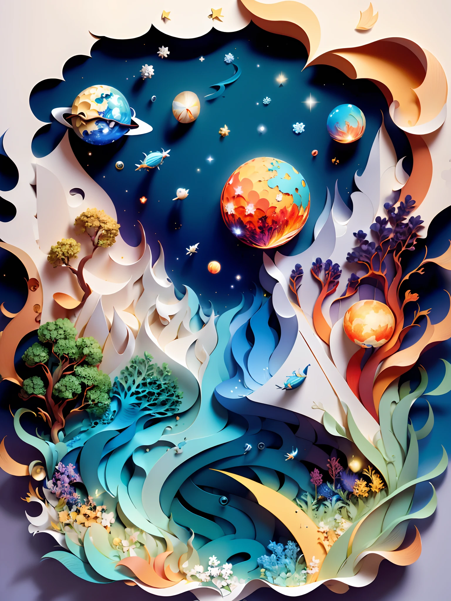 (((masterpiece))),best quality, illustration, earth, water ,fire, wind , space  , paper_cut,