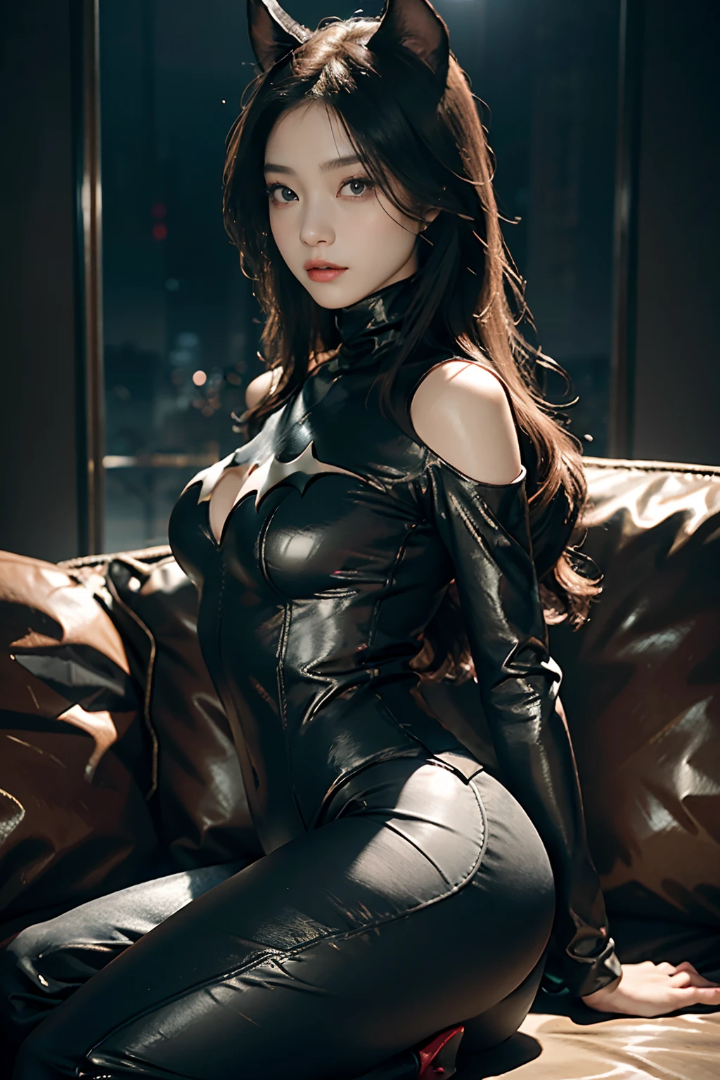 primitive，tmasterpiece，ultra fine photos，，best qualtiy，超高分辨率，Photoreality，rays of sunshine，full-body portraits，stunningly beautiful，，dynamicposes，Chinese beautiful woman，Vibrant eyes，（seen from the side），She wears a futuristic Batman costume，tight leather pants，turtleneck top，cropped shoulders，Batman ears，Sit on a leather sofa，very highly detailed background，detailed face with，Detailed and complex busy background，Untidy，opulent，milkyW，Highly detailed skin，Realistic details of skin，Visible Pore，tack sharp focus，volume fog，8K  UHD，digital SLR camera，high qulity，filmgrain，White skin of the，photo-realism，DL，Huge metropolis in a dystopia of the future , look from down, semi transparent