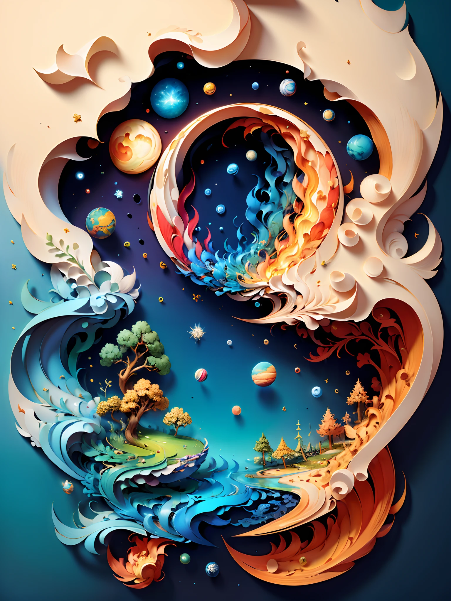 (((masterpiece))),best quality, illustration, earth, water ,fire, wind , space , paper_cut,