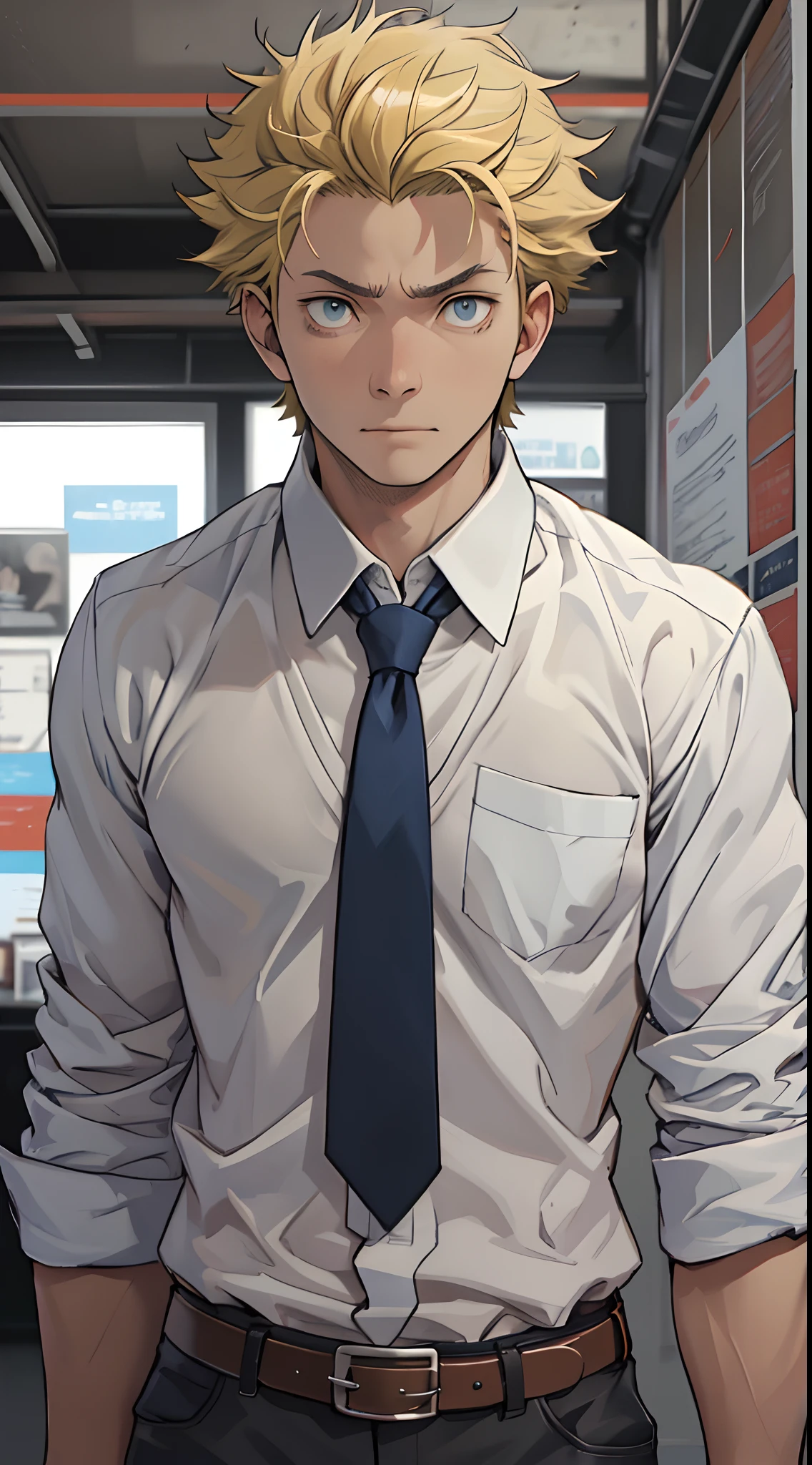 (1 Adult male),A high resolution, Sharp focus, Pixiv masterpiece, ((Complicated details)), highly detailed, natsuki_subaru, 1 man, irate,full bodyesbian,Reached, blue color eyes(eyes glowing), Short yellow hair,white shirt,Wear a tie,Wear a belt,perspire,look from down