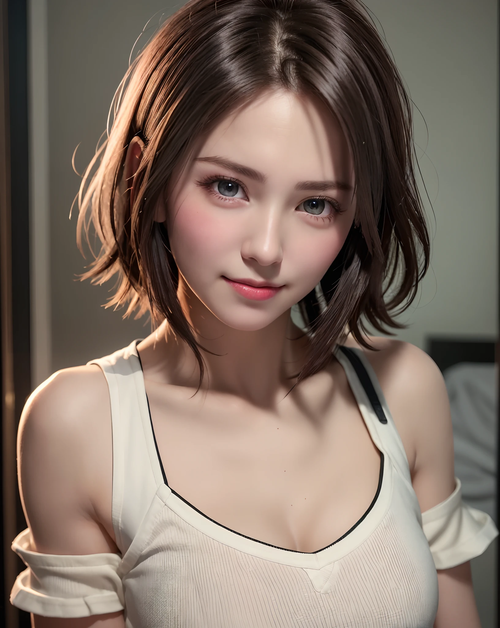 Best Quality, Ultra High Resolution, (Photorealistic: 1.4), Beautiful Eyes, Super Beautiful, Very Short Hair, Beautiful, Sweetheart, T-shirt with Rough Chest, Beautiful Soldier, Eyes That Invite Viewer, Lover's Perspective, Inviting Expression, Sexy Smile, Perfect Style, Perfect Balance, Detailed Skin, Naughty Gaze, Chest Visible