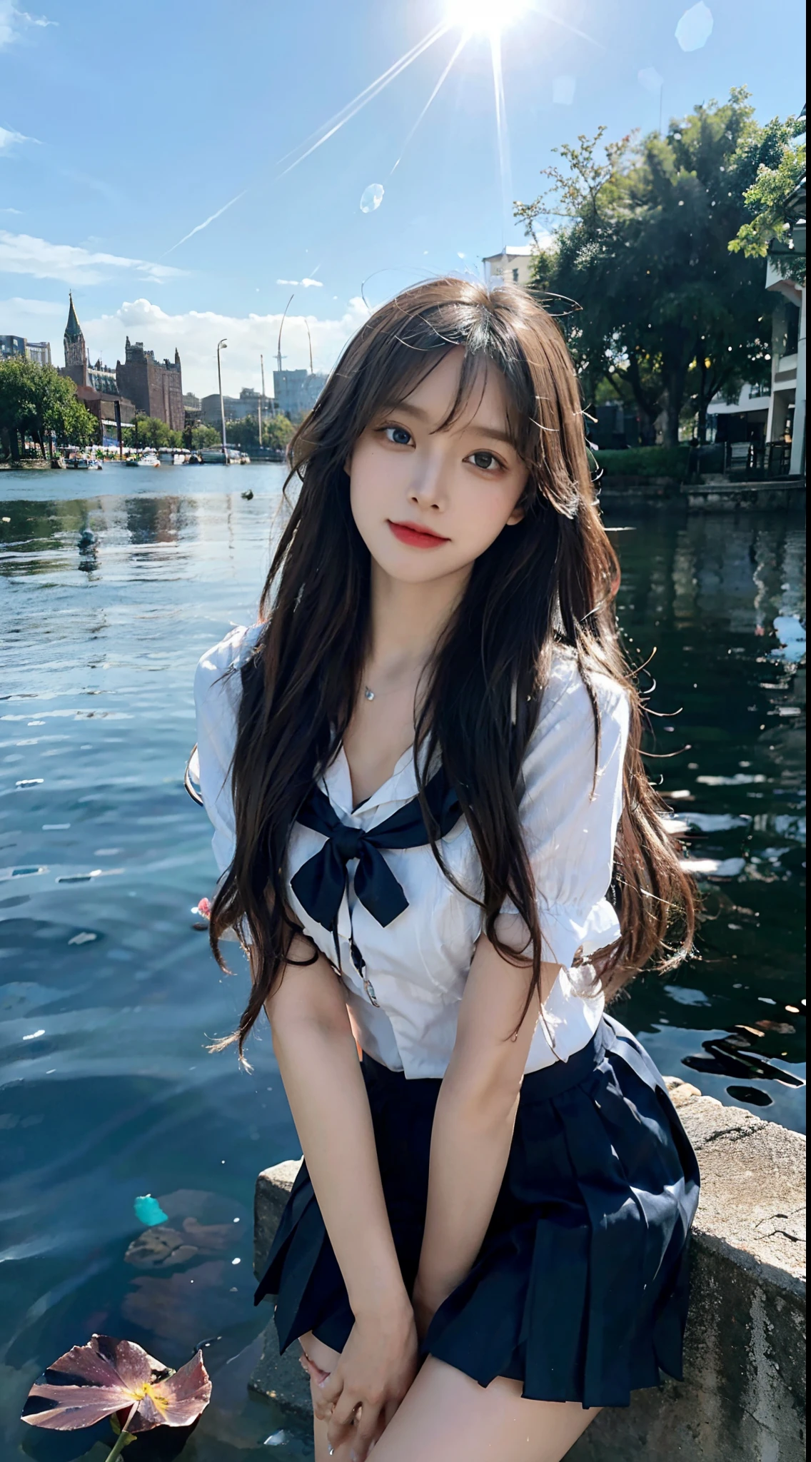 {Masterpiece},{Best quality},{1girll,{{Loli},Brown hair,Blue eyes,Very long hair,hair flower,school uniform,Mini skirt,cheerfulness}},Amazing,Beautiful detailed eyes,finedetail,Depth of field,Extremely detailed CG,Original,Outdoors,Beautiful and delicate hands,Beautiful detailed fingers,soaking wet,{Knees under water},standing,{beautiful detailed water,Beautiful detailed sky,fluttered detailed splashs},author:Paul Hedley,Colorful,hdr,{{colorful refraction}},{{Cinematic lighting}},