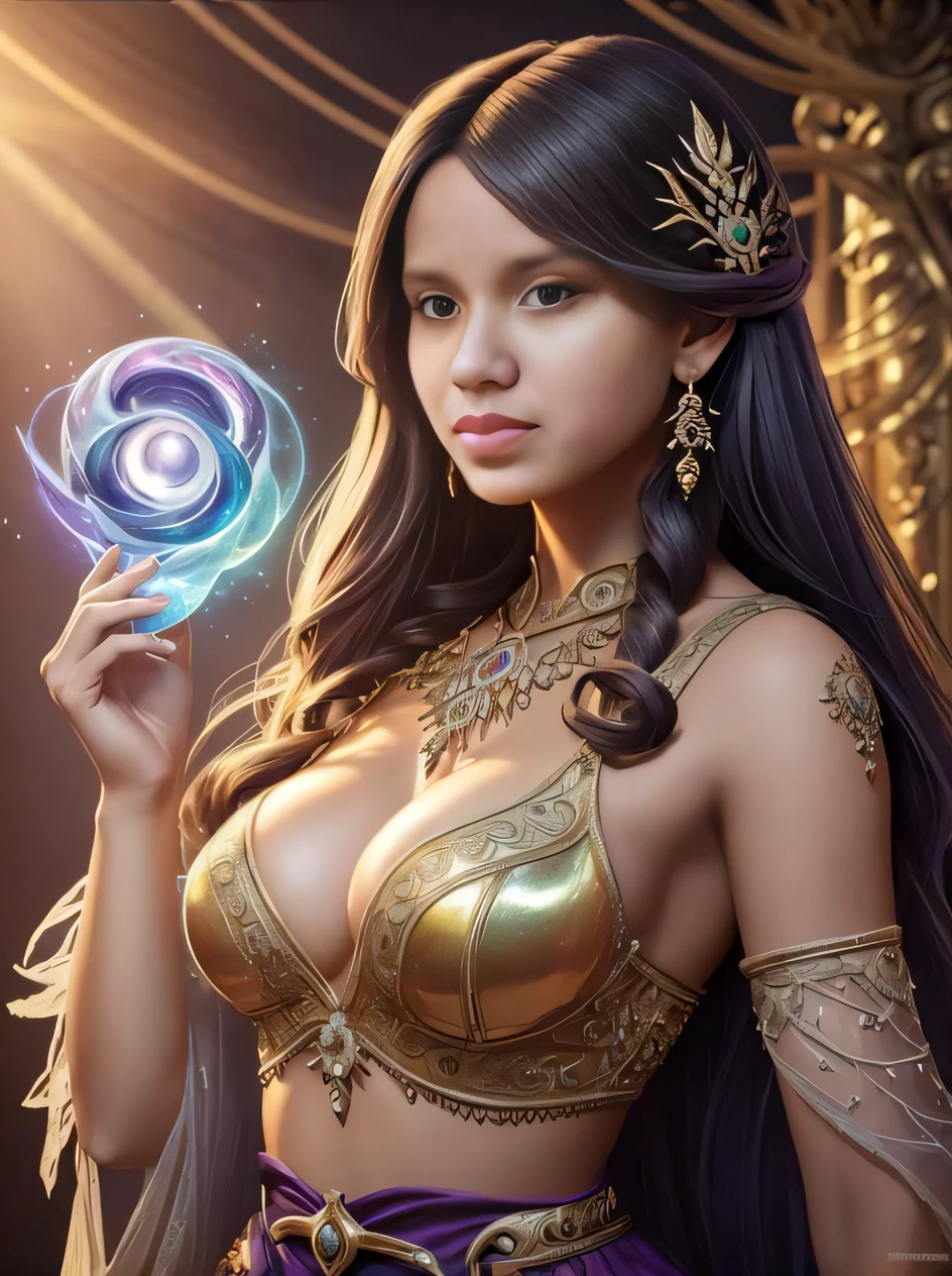 a woman in a golden outfit holding a magic ball, arte de fantasia realista, arte de fantasia detalhada, mulher da fantasia, feiticeira bonita, uma bela feiticeira, arte de fantasia hiperrealista, realistic fantasy illustration, amazing fantasy art, arte digital de fantasia detalhada, bela arte de fantasia, arte de fantasia digital ), estilo de arte de fantasia, uma bela imperatriz fantasia, pintura de fantasia realista