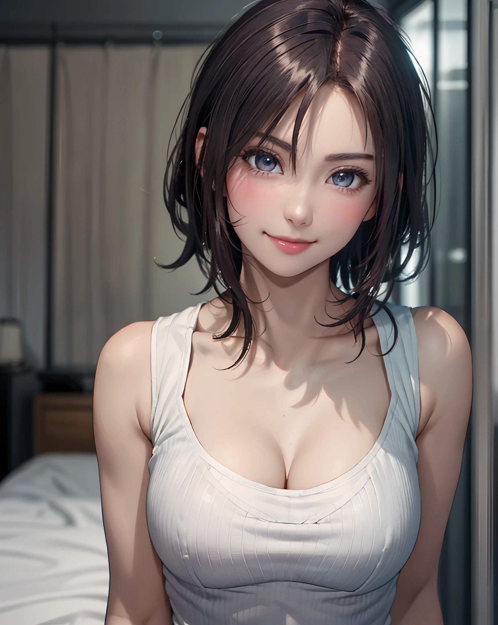 Best Quality, Ultra High Resolution, (Photorealistic: 1.4), Beautiful Eyes, Super Beautiful, Very Short Hair, Beautiful, Sweetheart, T-shirt with Rough Chest, Beautiful Soldier, Eyes That Invite Viewer, Lover's Perspective, Inviting Expression, Sexy Smile, Perfect Style, Perfect Balance, Detailed Skin, Naughty Gaze, Chest Visible