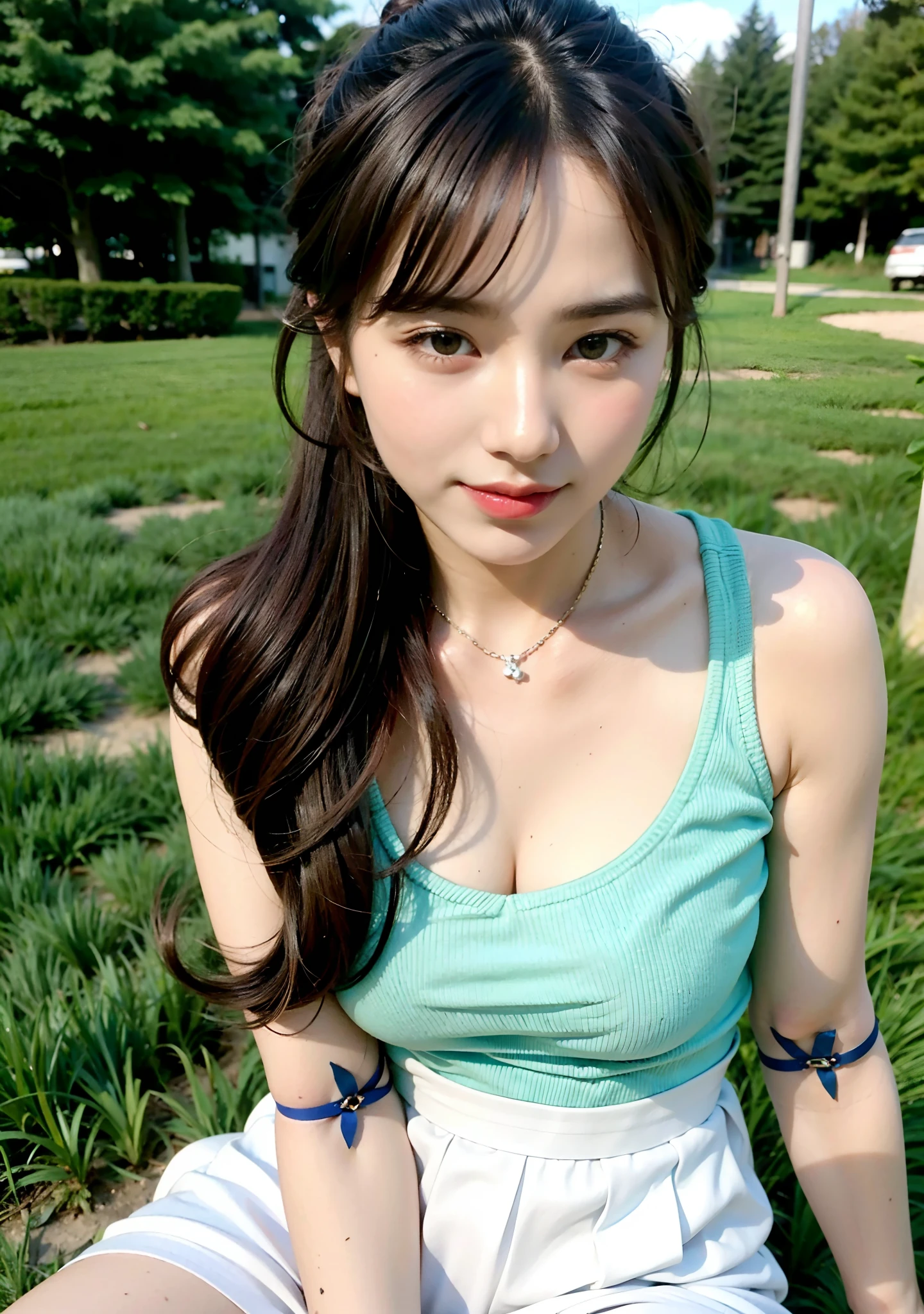 22 year old girl, wearing knee length skirt, light blue top, white skirt, brown hair, 3/4 body, portrait photo, deep of field, f/0.5, 200mm, girly, pretty, detailed skin description, realistic, 1 girl, natural pose, high bun hairstyle, inclined face angle, behind is the cinema, bare shoulder,