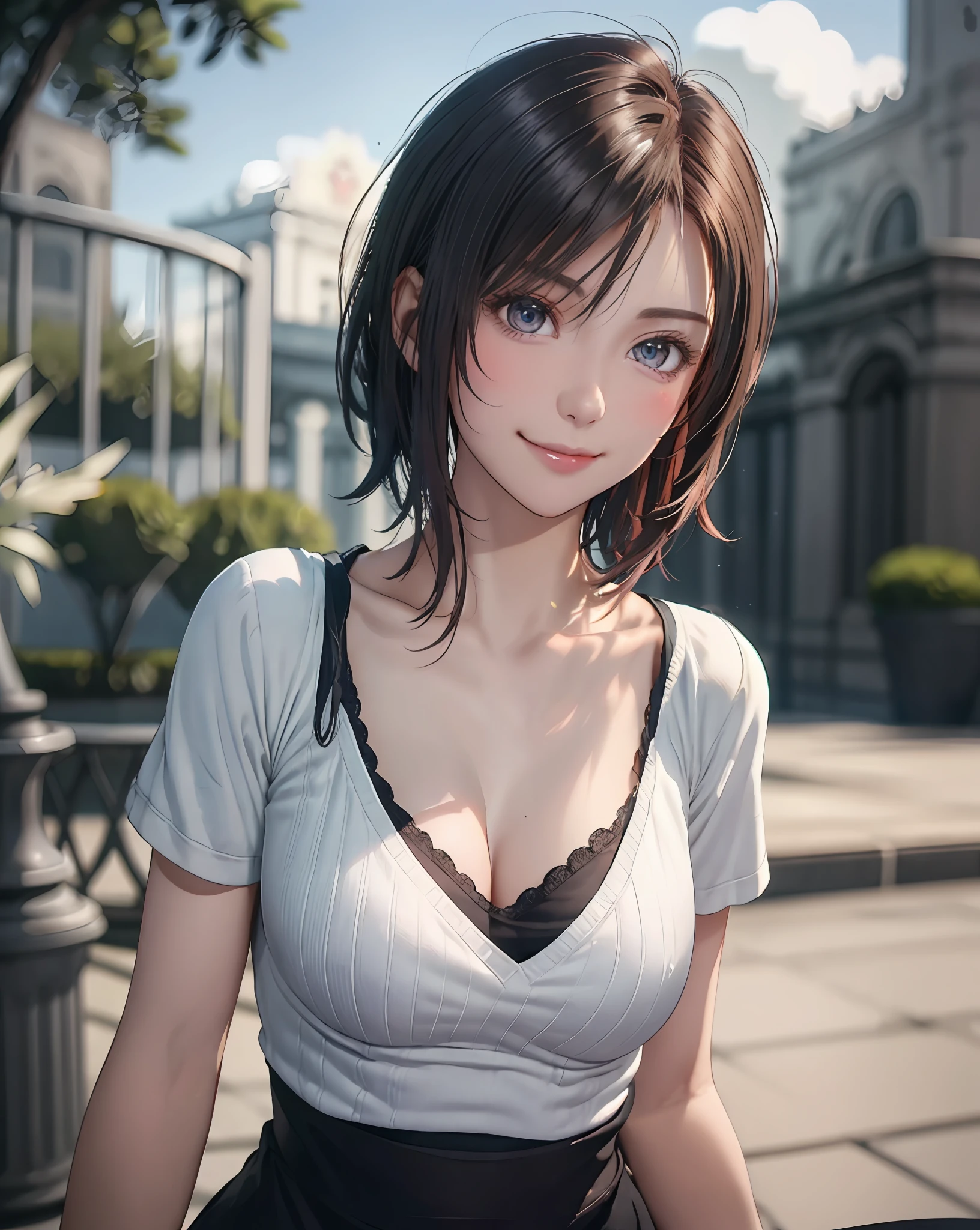 Best Quality, Ultra High Resolution, (Photorealistic: 1.4), Beautiful Eyes, Super Beautiful, Very Short Hair, Beautiful, Sweetheart, T-shirt with Rough Chest, Beautiful Soldier, Eyes That Invite Viewer, Lover's Perspective, Inviting Expression, Sexy Smile, Perfect Style, Perfect Balance, Detailed Skin, Naughty Gaze, Chest Visible