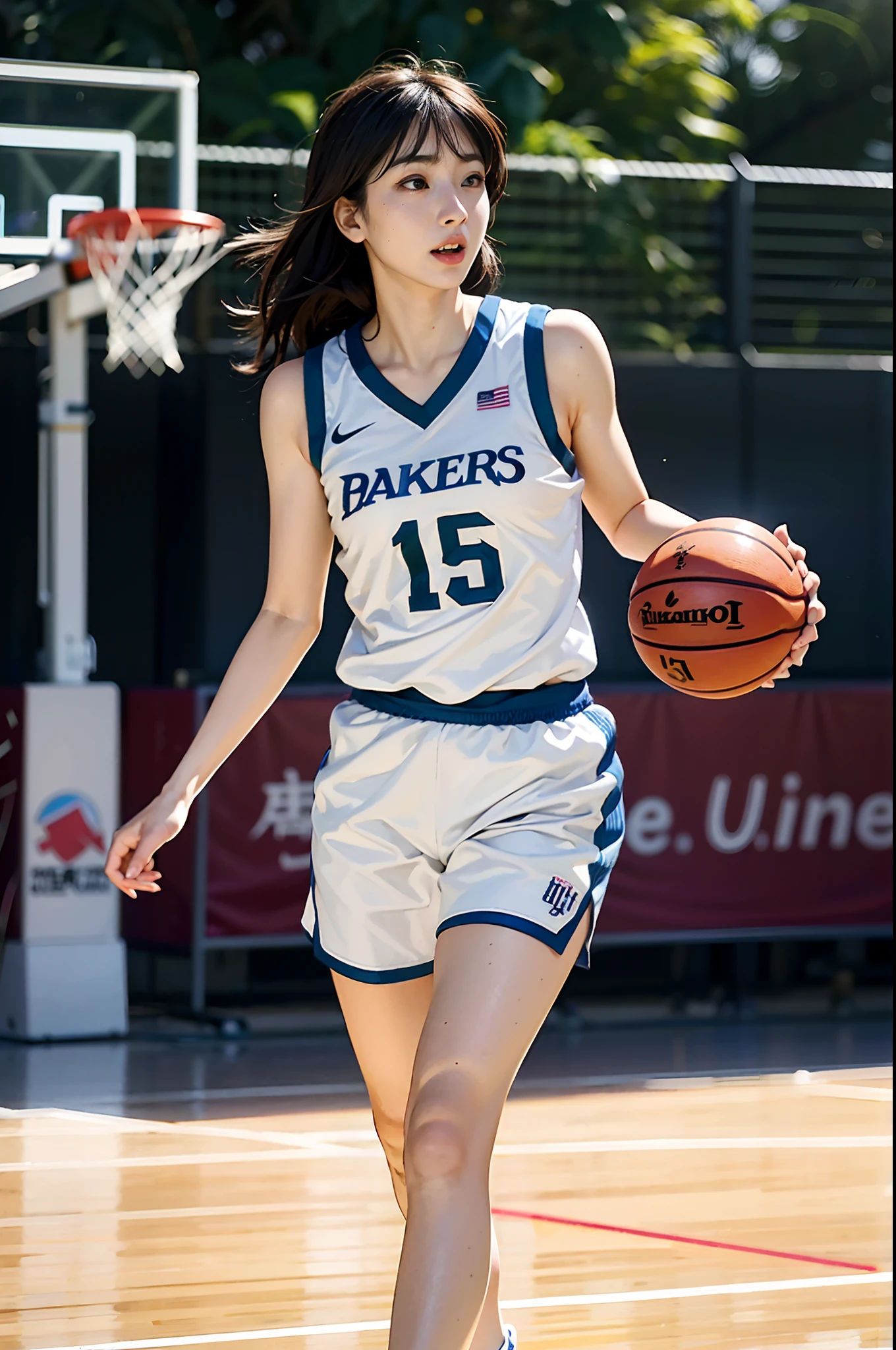 Allafard women's basketball player dribbling on the court, Chiho ashima, jaeyeon nam, yasumoto oka, Erika Ikuta, wearing basketball jersey, kazami yuuka, Shouko Nishimiya, IU, mei-ling zhou, Kiyoko Suzuki, Gemma Chen, kazue kato, magic uniform university