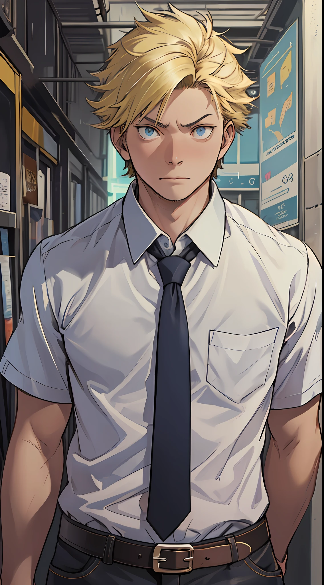 （1 Adult male），A high resolution， Sharp focus， Pixiv masterpiece， （（Complicated details））， highly  detailed， natsuki_subaru， 1 man， irate，full bodyesbian，Reached， blue color eyes（eyes glowing）， Short yellow hair，white  shirt，Wear a tie，Wear a belt，perspire，look from down