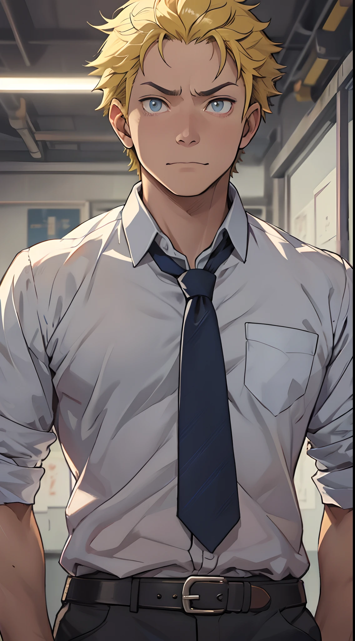 (1 Adult male),A high resolution, Sharp focus, Pixiv masterpiece, ((Complicated details)), highly detailed, natsuki_subaru, 1 man, irate,full bodyesbian,Reached, blue color eyes(eyes glowing), Short yellow hair,white shirt,Wear a tie,Wear a belt,perspire,look from down