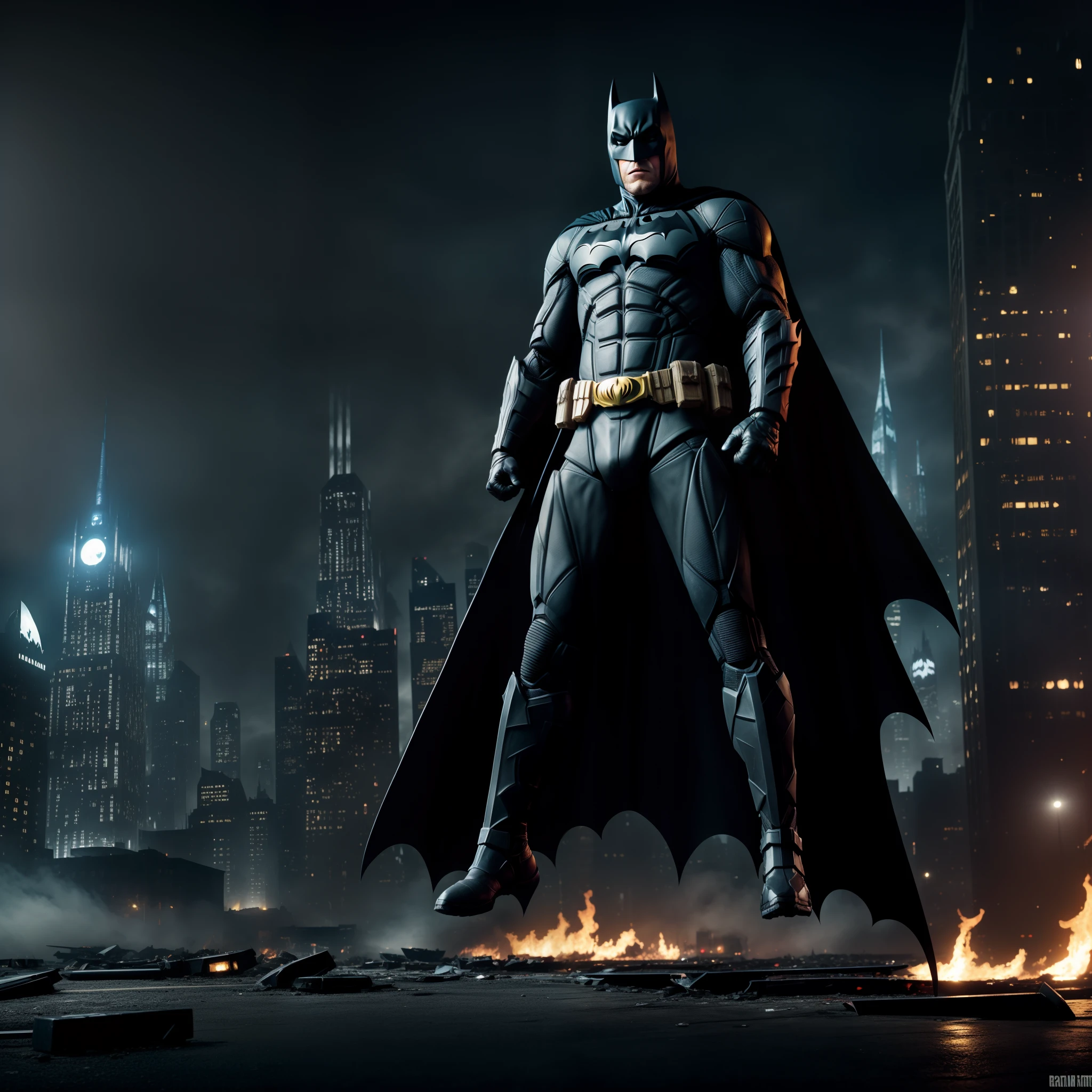 Create an image with a fisheye lens effect, Batman action figure with cape and gloves on a background filled with buildings and fog, The Batman, Batman, Batman with guns, Mecha Batman, cyberpunk Batman, From the movie Batman, inspired by Jim Lee, painted action figure, Portrait of Batman, collectible action figure, hyper detailed full body shot, high detail iconic character, dark knight, full figure, full detailed body, batman arkham asylum, burning buildings and crashed cars