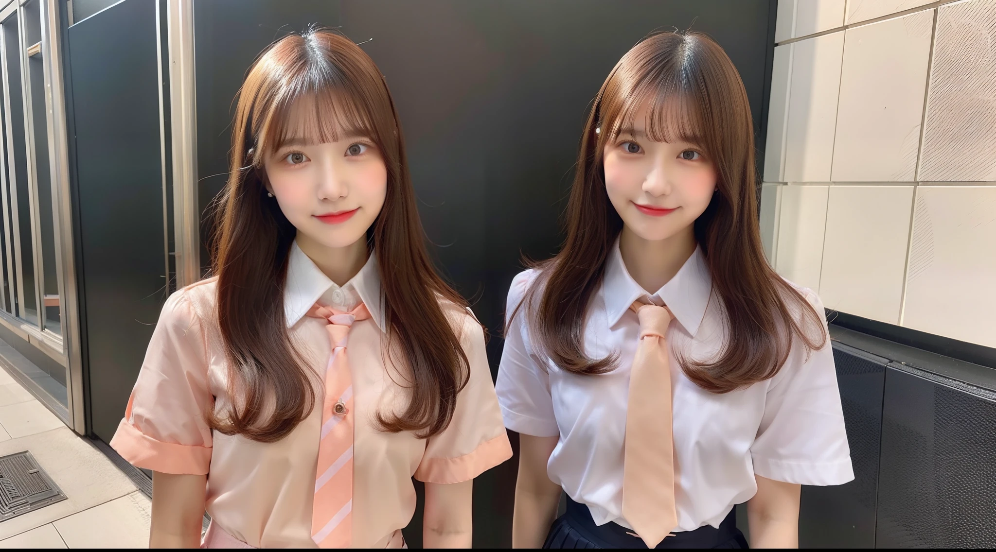 18-year-old high school girl in peach-colored tie shirt and miniskirt