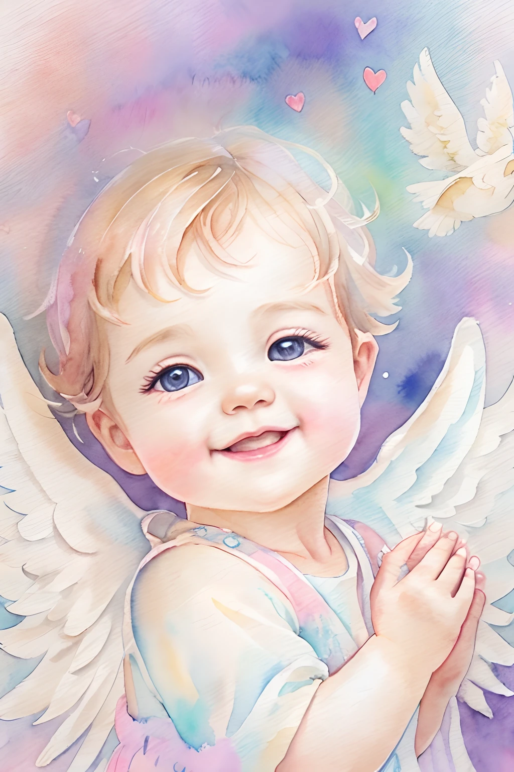 Blessings of Angels、Bright background、heart mark、tenderness、A smile、Gentle、Baby Angel、watercolor paiting