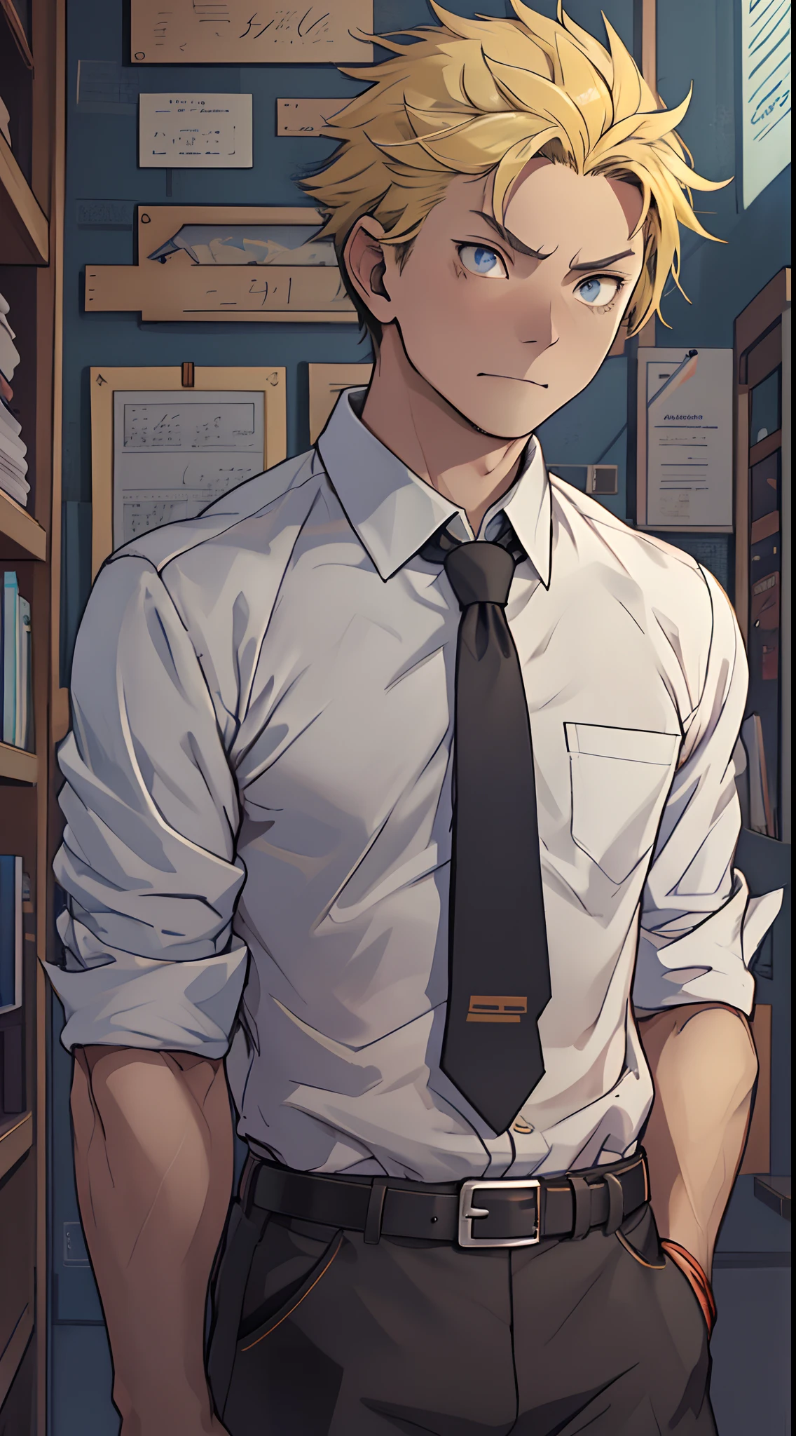 (1 Adult male),A high resolution, Sharp focus, Pixiv masterpiece, ((Complicated details)), highly detailed, natsuki_subaru, 1 man, irate,full bodyesbian,Reached, blue color eyes(eyes glowing), Short yellow hair,white shirt,Wear a tie,Wear a belt,perspire,look from down