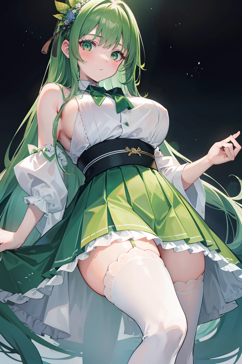A masterpiece of literary text、best qualtiy、1girll、bare shoulders​、face flushed、Green eyes、Green hair、Japan School Uniform、long whitr hair、Watch your audience，Lori huge breasts cleavage，Translucent white stockings