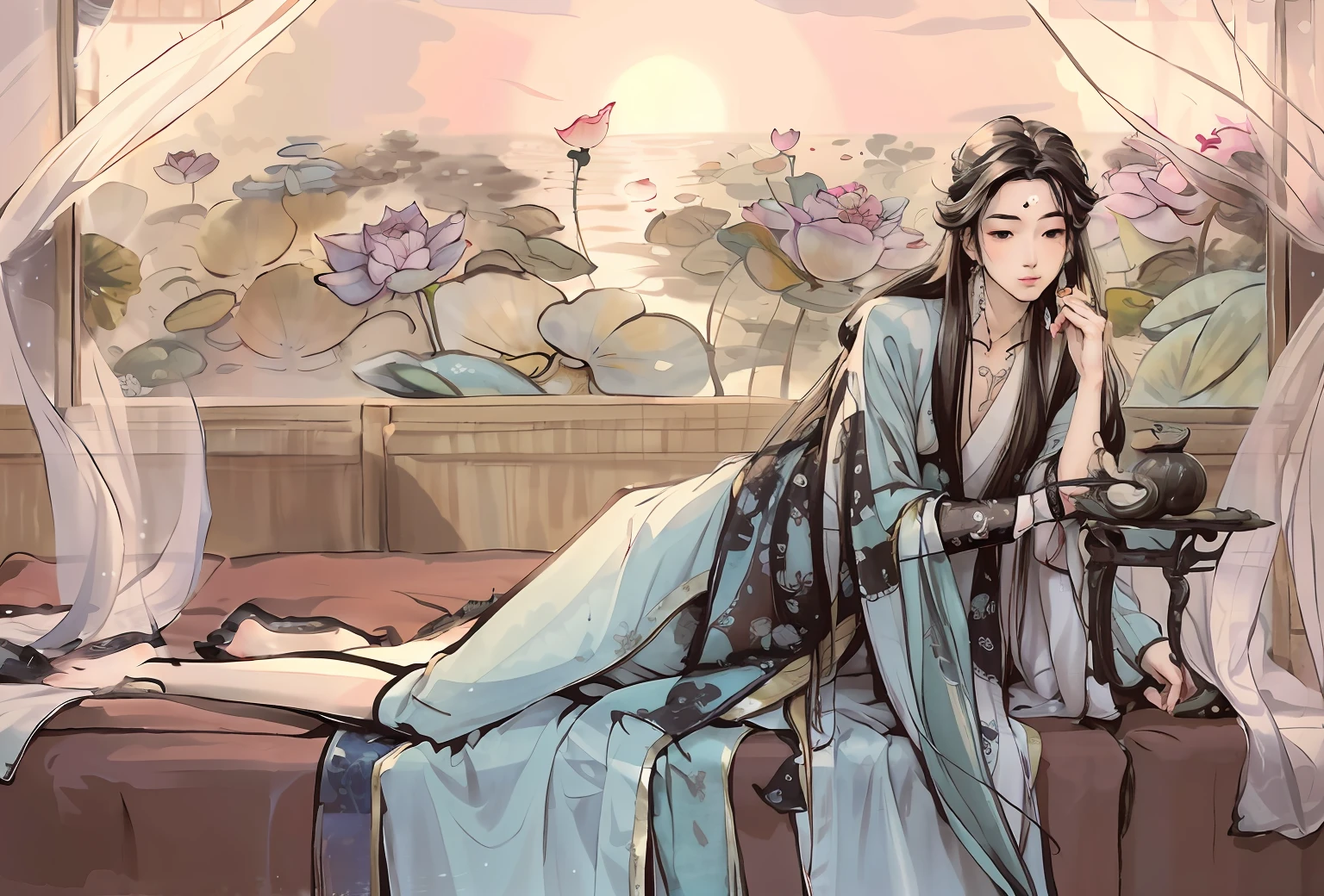 A painting of a man lying on a couch in a room, flowing hair and long robes,  Delicate androgynous prince, wearing a long flowing robe,Behind is a lotus pond at sunset