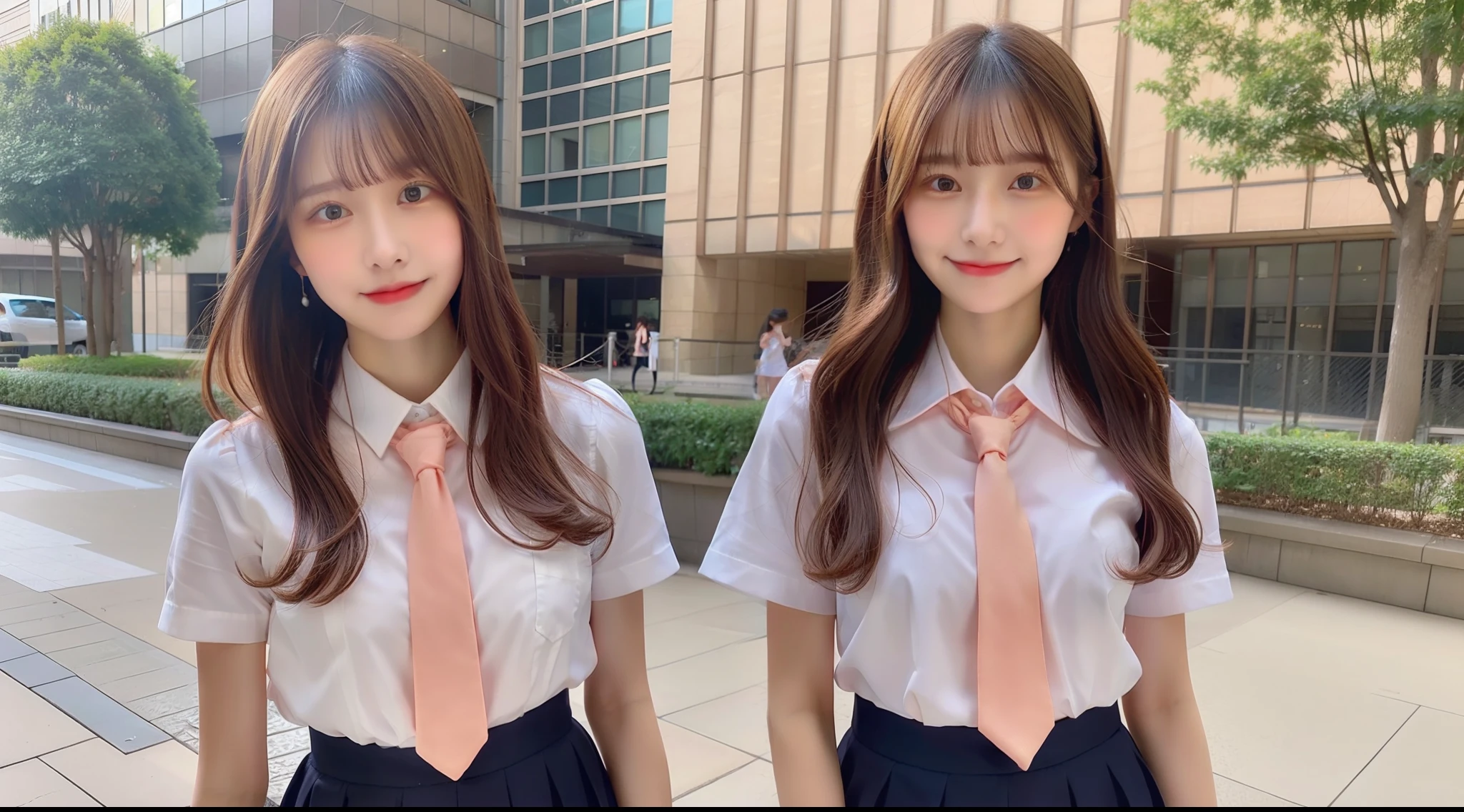 18-year-old high school girl in peach-colored tie shirt and miniskirt
