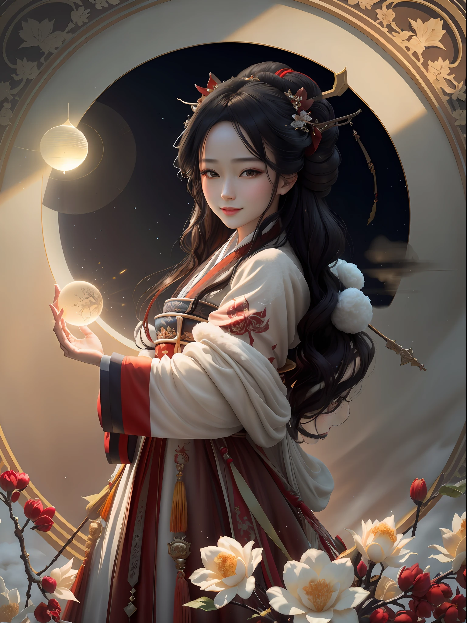 High resolution, 1girl, (glamorous smile: 0.8), Chinese Hanfu, red Hanfu, hair accessories, snow, beauty, ultra-high-definition pictures, complex and detailed light, shadow and refraction, exquisite and high-quality atmospheric lighting, Octane rendering engine, focus Clear, high contrast, high resolution, cinematic concept photography