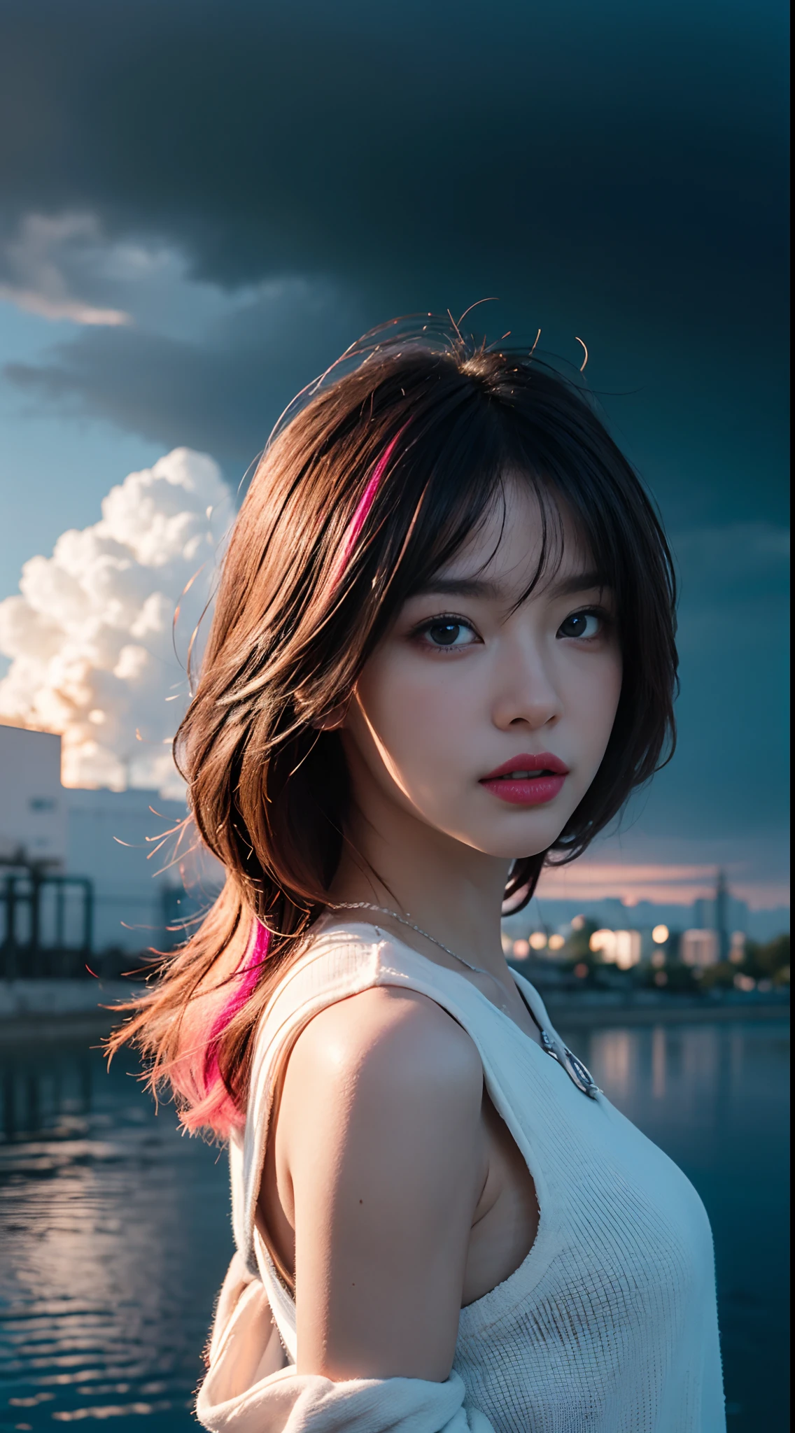 Unbeatable masterpiece, Ultra photo realsisim, Perfect artwork, Intricate details, Best quality, Strong light,High contrast,Cyberpunk , Quantum punk, Nano punk , (Machinary:1.3)(Masterpiece) , (Best quality) , (extremely detailed wallpaper CG unity 8k) , (best character detail:1.36) , Oppressive skies , Dark clouds , Lightning, Dynamic posture, (delicated lines:1.24), ([Specular reflection water]:1.37) , (fantasy) , cumulonimbus clouds , (The oppressive atmosphere of the host:1.14) , (Cold light:1.2) , Color splattering , Colorful , Pinkolo , full bodyesbian ,White background , Blue eyes , wariza , hair adornments , Simple background , cube hair ornament , Pink hair , 1girll , bangs , high high quality
