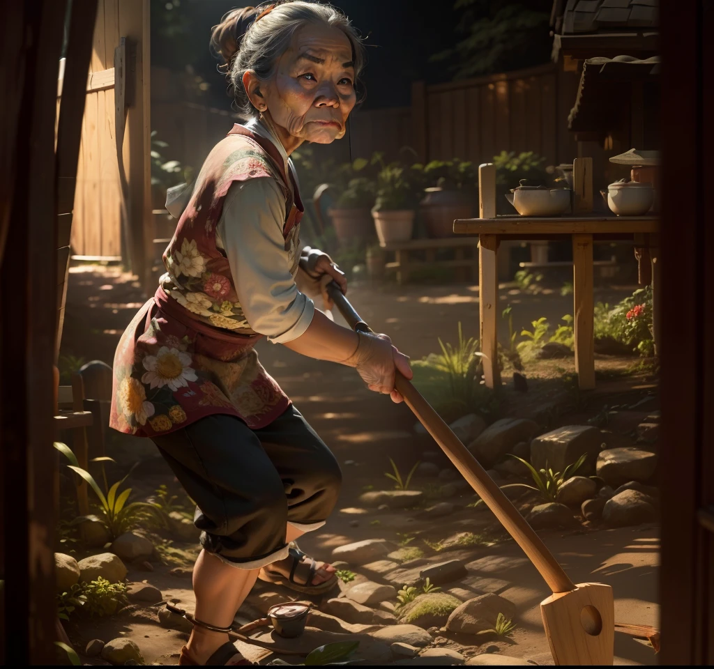 masterpiece, realistic, natural color, ultra details, full color, shallow depth of field, hd, (8k, RAW photo:1,2), hq, out door, holding a hoe, asian skin, old woman, hate face, sleepy eyes, sunny